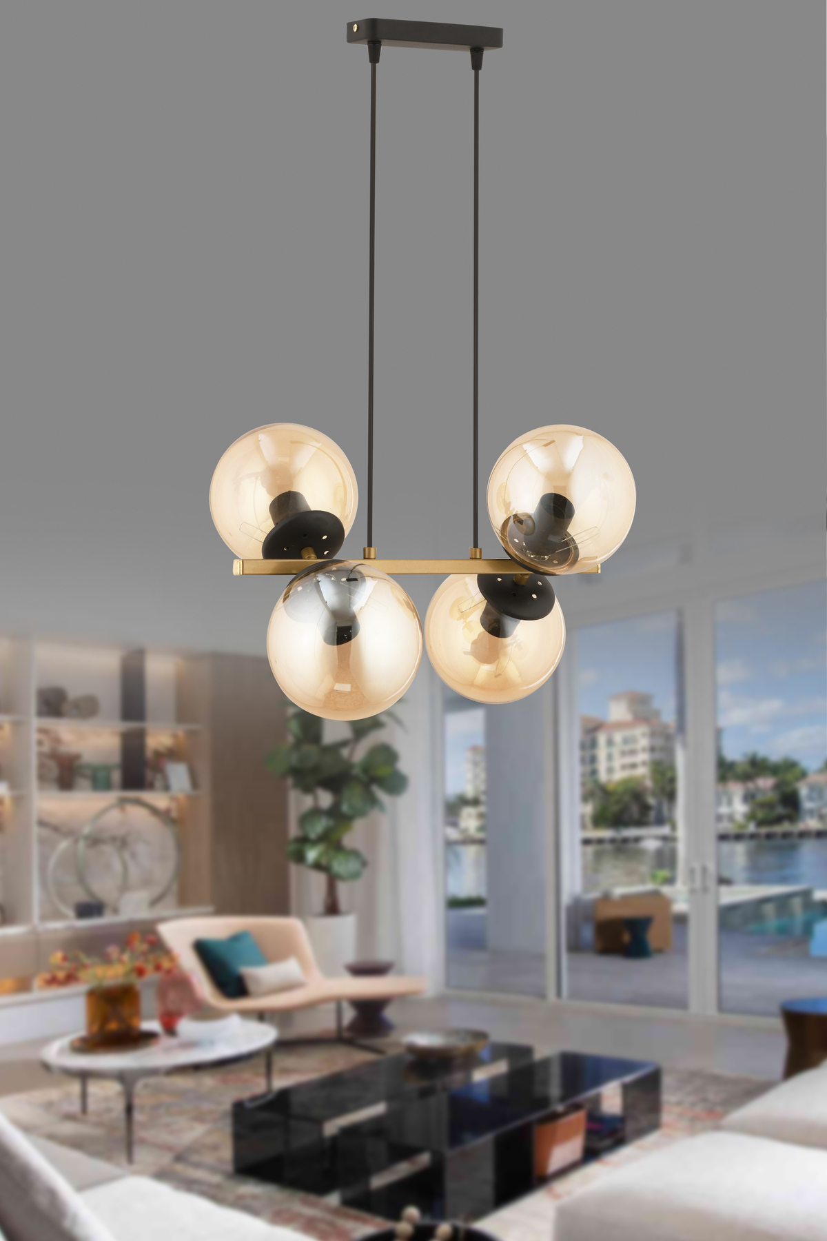 CROSS 4-PIECE ANTIQUE - MODERN PENDANT LIVING ROOM LIVING ROOM WITH BLACK HONEY COLORED GLOBE GLASS