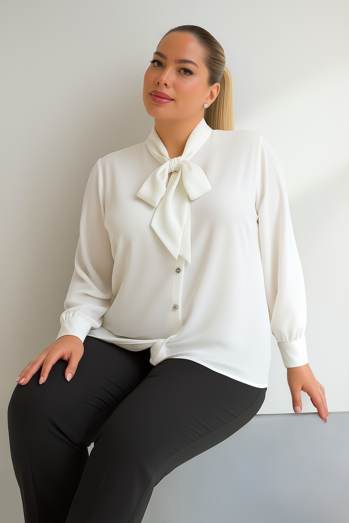 Hanezza-Plus Size Jesica Tie Collar Shirt 2