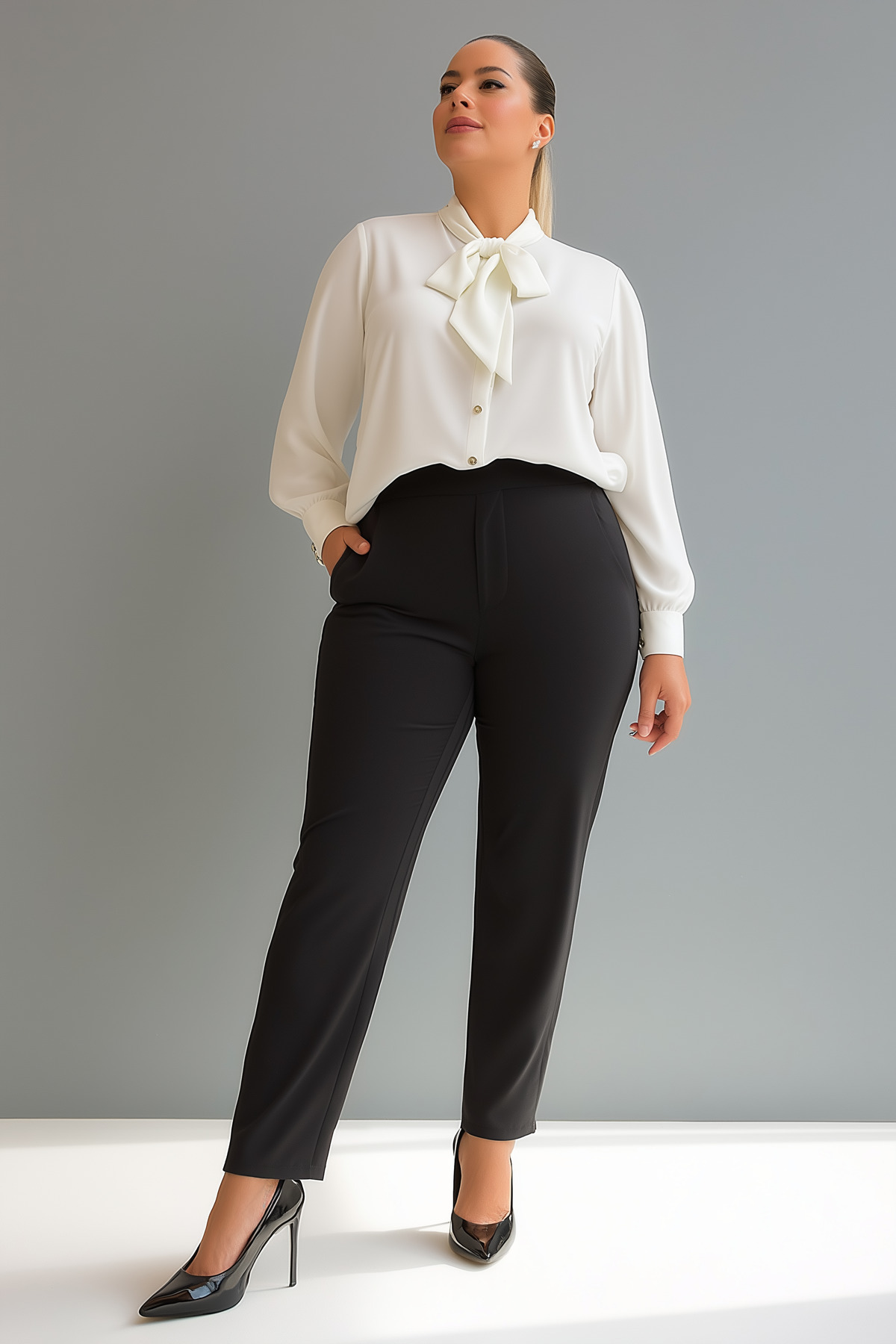 Hanezza-Plus Size Jesica Tie Collar Shirt 1