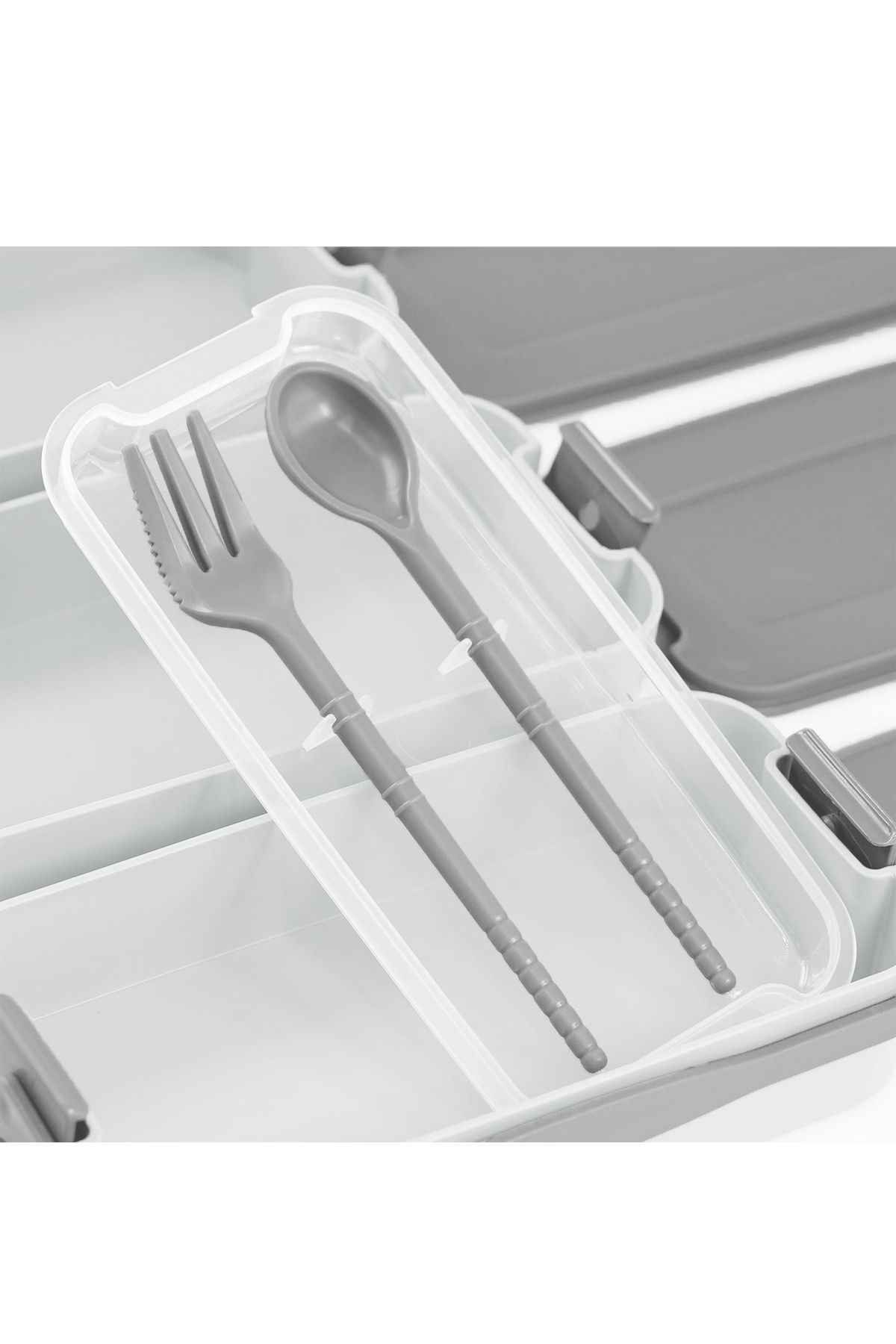 İronika-1260 ml 3 Layer Lid Fork Knife Lunch Box Lunch Box Nutrition Container - Gray 3