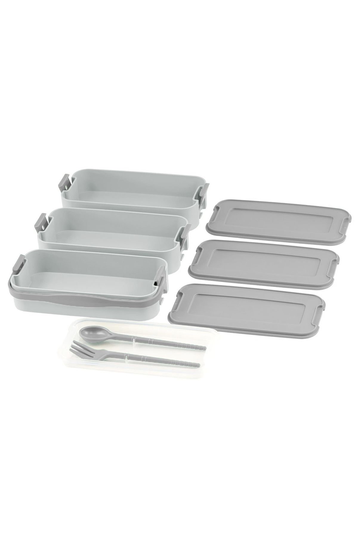 İronika-1260 ml 3 Layer Lid Fork Knife Lunch Box Lunch Box Nutrition Container - Gray 2