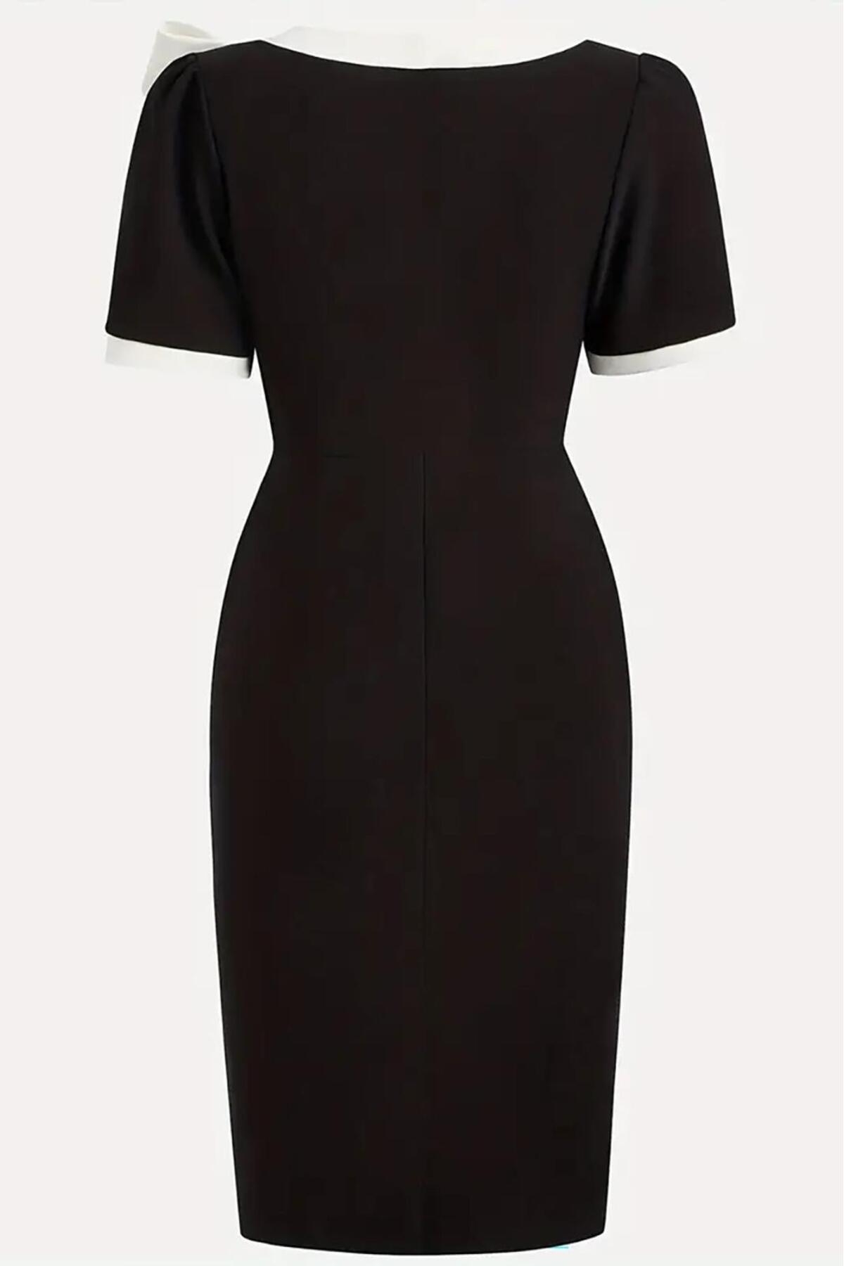 deafox  Siyah Kısa Kollu Kurdele Detaylı Asimetrik Yaka Midi Boy Krep Kumaş Elbise - Görsel 3