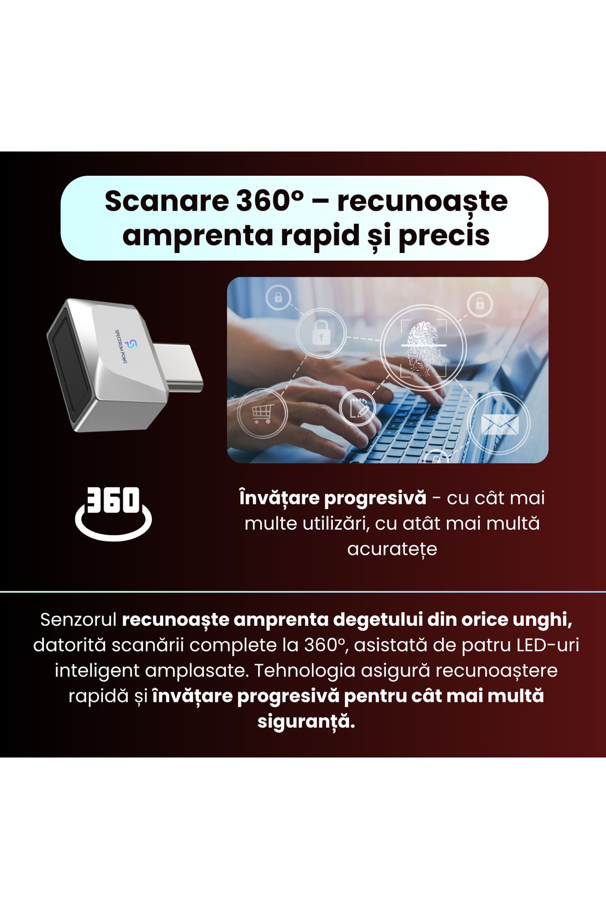 SpectrumPoint-USB-C fingerprint reader model U10, advanced security, compatible with Android and IOS, gray 3