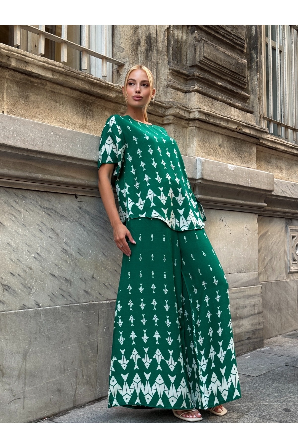 Buklemoda-Viscose Fabric Patterned Wide Leg Bottom Top Set 3