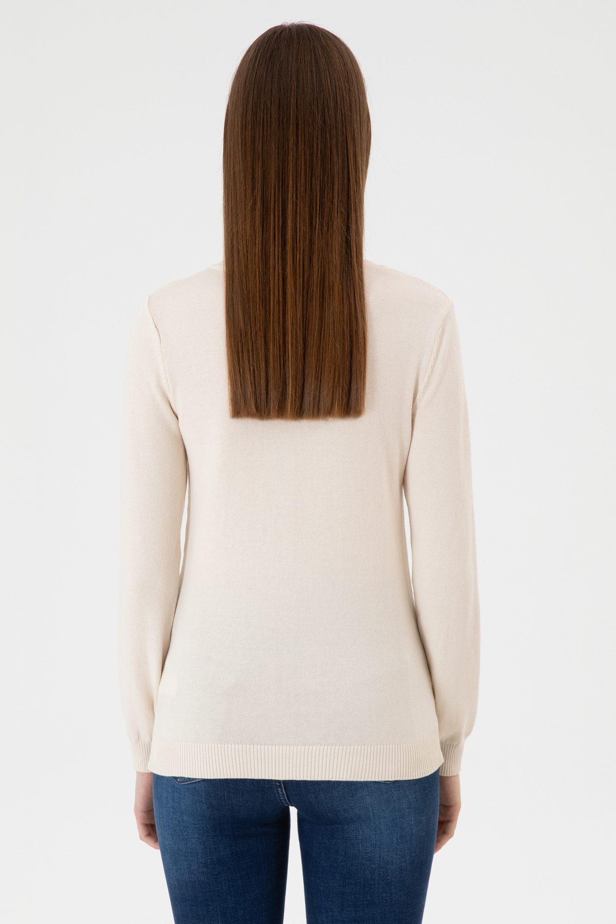 U.S. Polo Assn.  Kadın Krem Melanj V Yaka Basic Kazak 50313590-VR159 - Görsel 5