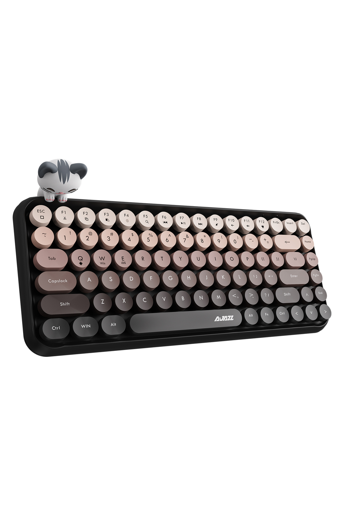 Coverzone Kablosuz Klavye - Bluetooth, Retro, Yuvarlak Tuşlu, Kedi Süs Aksesuarı, Sessiz AJAZZ AJ308i