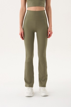SPORTEMPT Gizli Cepli Yanı Panel detaylı Yüksek Bel Kadın Flare Tayt - Haki
