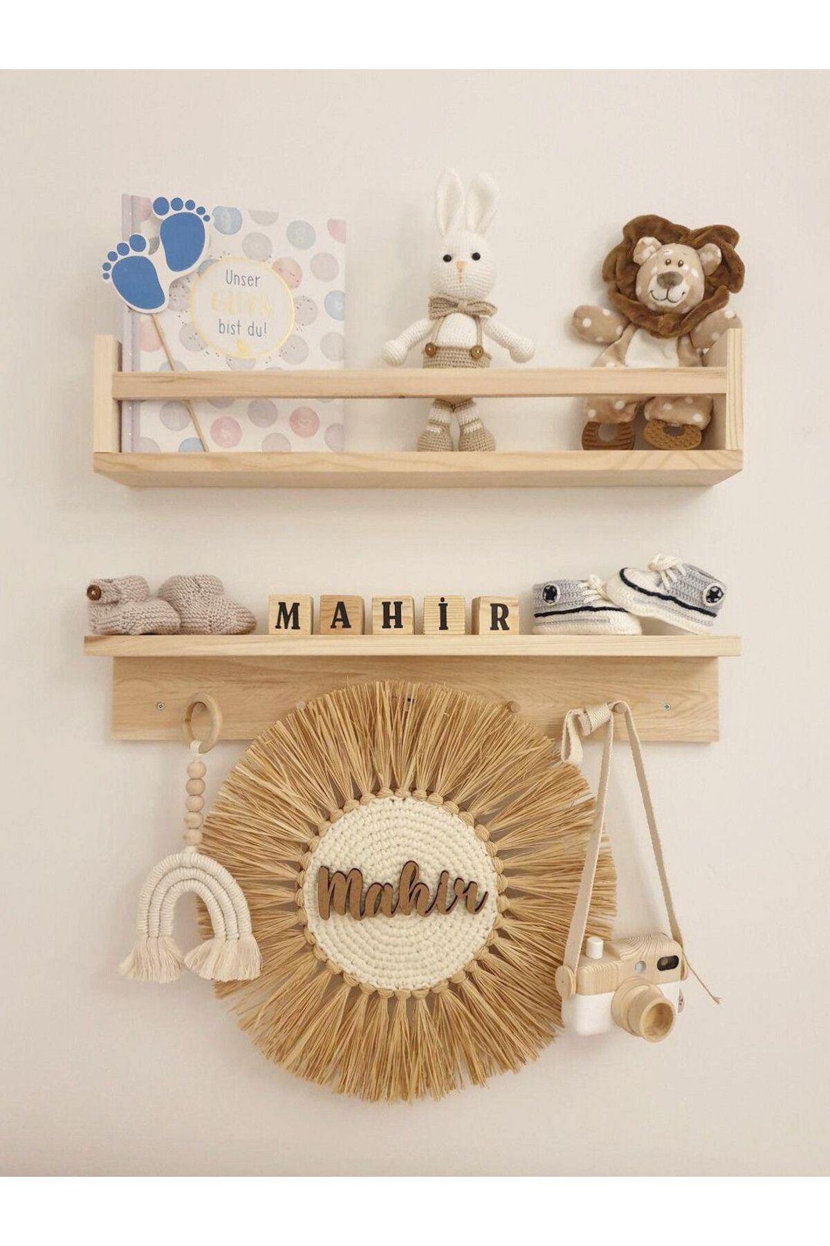 metre dizayn Ahşap Askılık Raf Ve Kitaplık Raf Eğitici Montessori Raf Çocuk Bebek Odası Rafı 2'li 40 Cm fotoğrafı 2 (önizleme)