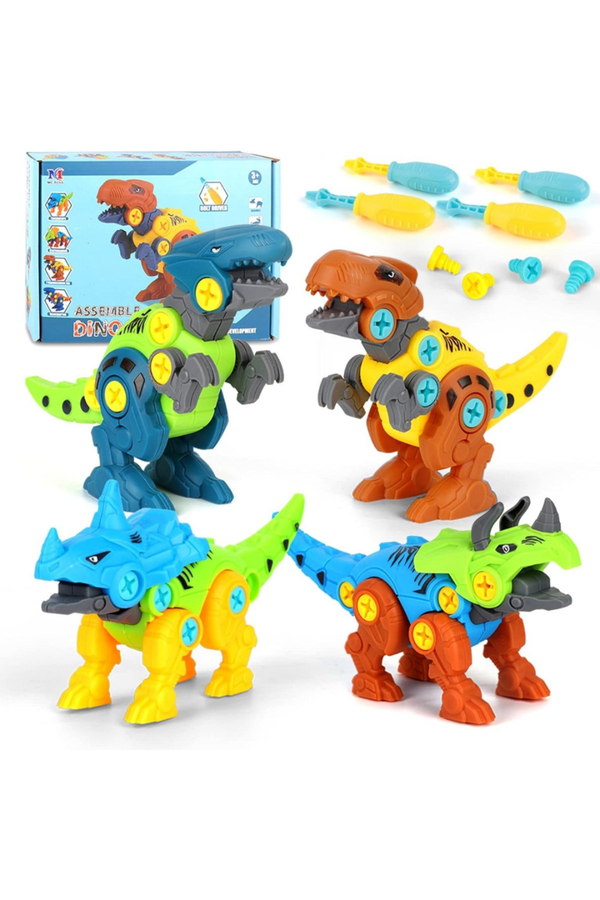 MNS-Creative set with 4 dinosaurs to build for children between 3 and 7 years old, with screwdriver and 2