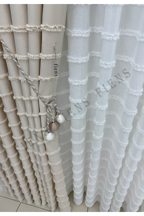 FİENS KREM İTALYAN FON PERDE ŞERİTLİ PÜSKÜLLÜ KETEN 1/3 Sık Ütüistemez Brocol...