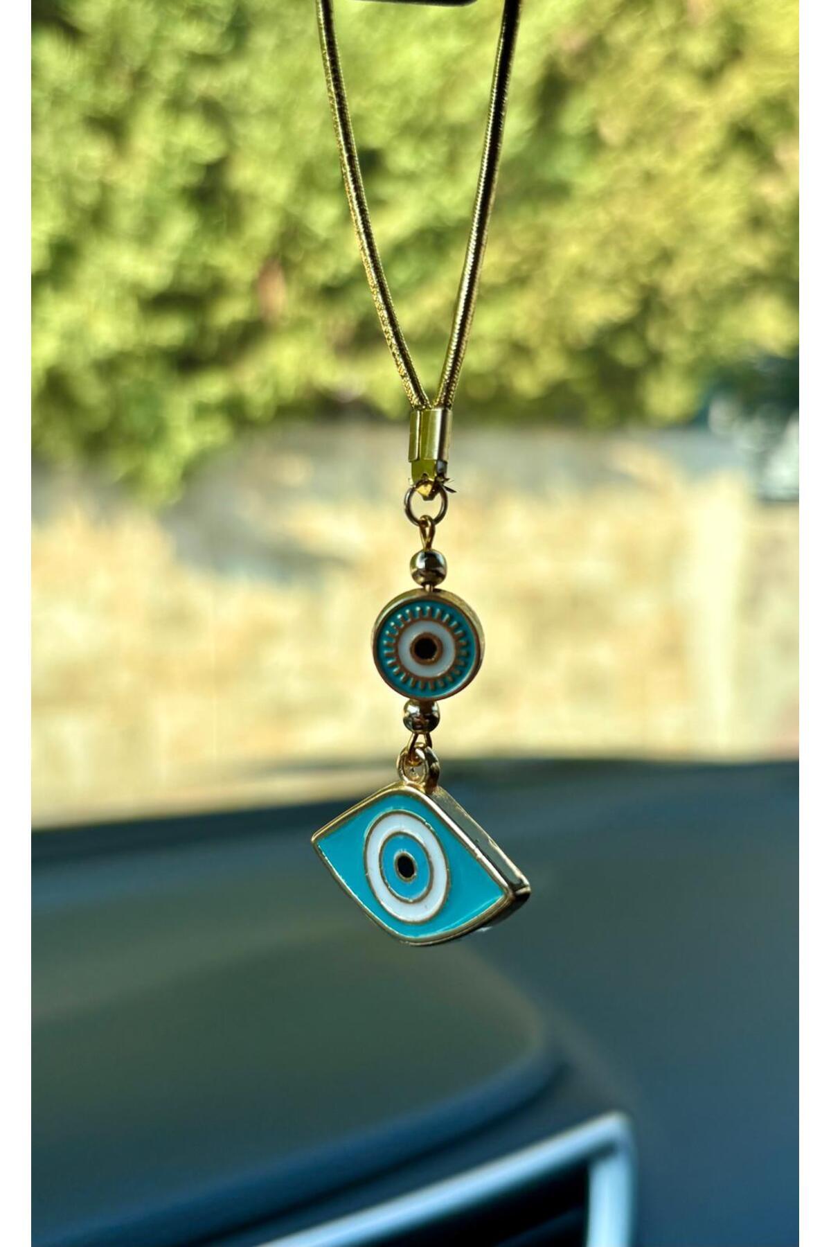 Azrua Yaldızlı Turkuaz Çekik Göz Şekilli Nazar Boncuklu Araba Ayna Süsü Araba Nazarlık Nazar Koruması