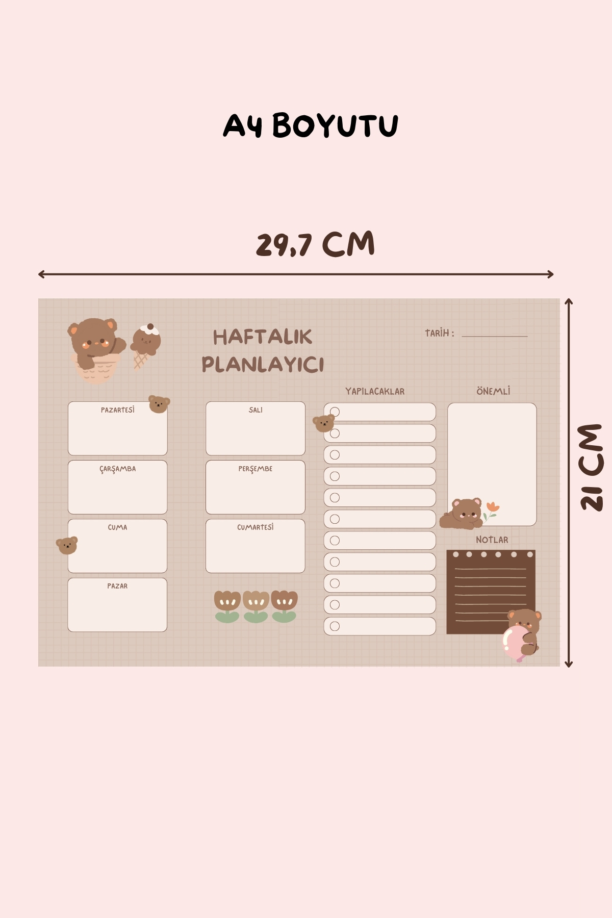 shop-Teddy Bear Patterned Horizontal A4 - Notepad, Memo Pad, Notepad, Check List, School Notebook, Planner 2