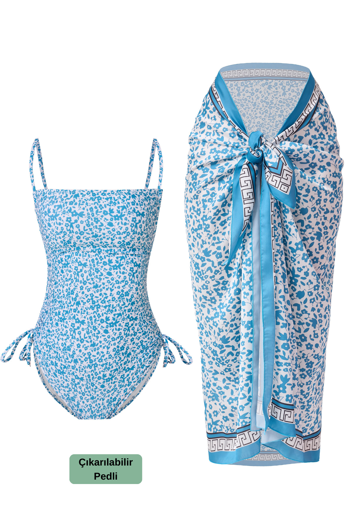 Brazilian 2-Piece Swimwear Pareo Set with Flower Patterned Shirring Detail Adjustable Strap Chest Pads