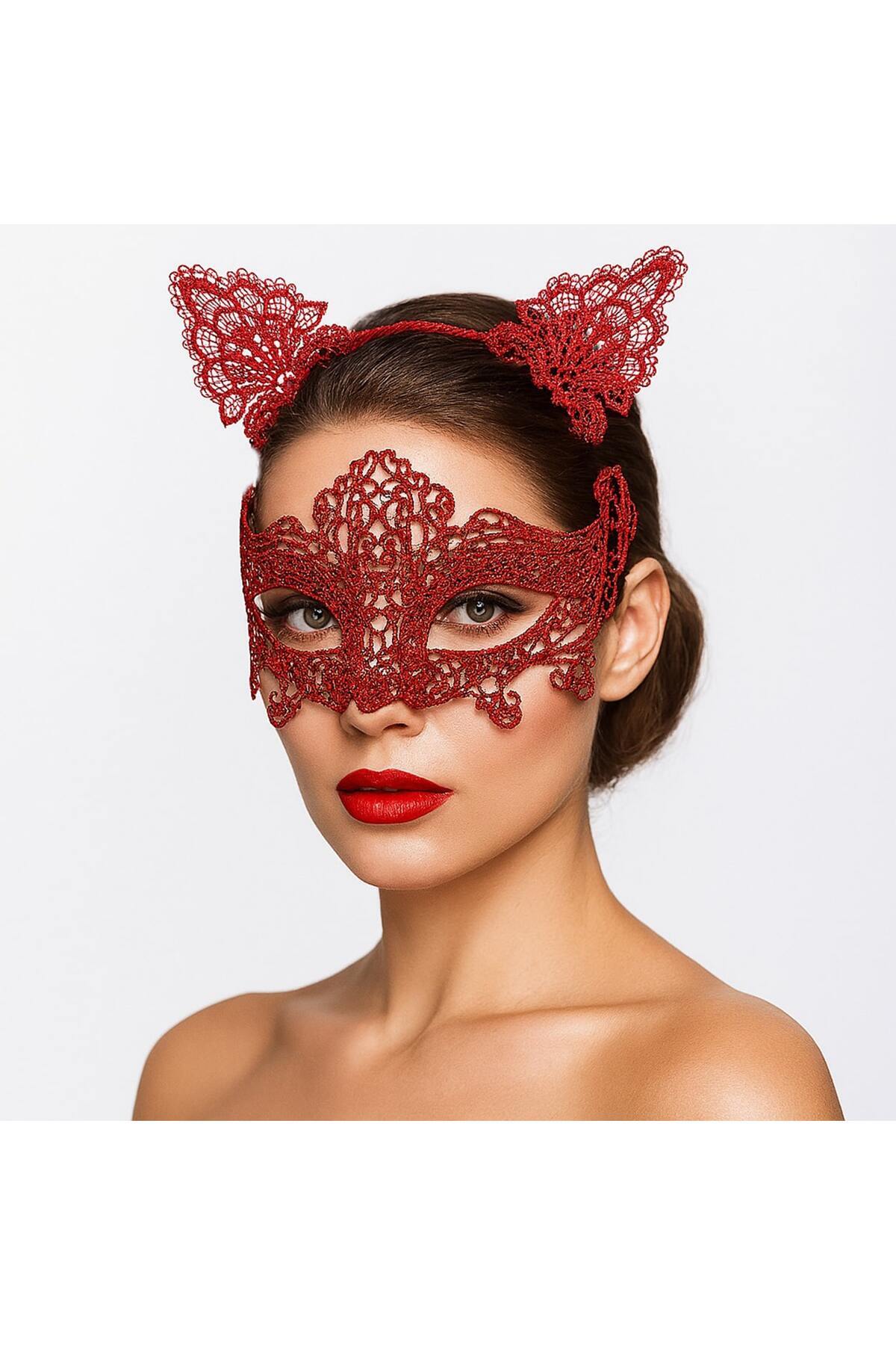 Beldekstore Romantik Kırmızı Dantel Maske Seti – Kedi Kulaklı Taç ve Maske 3 No