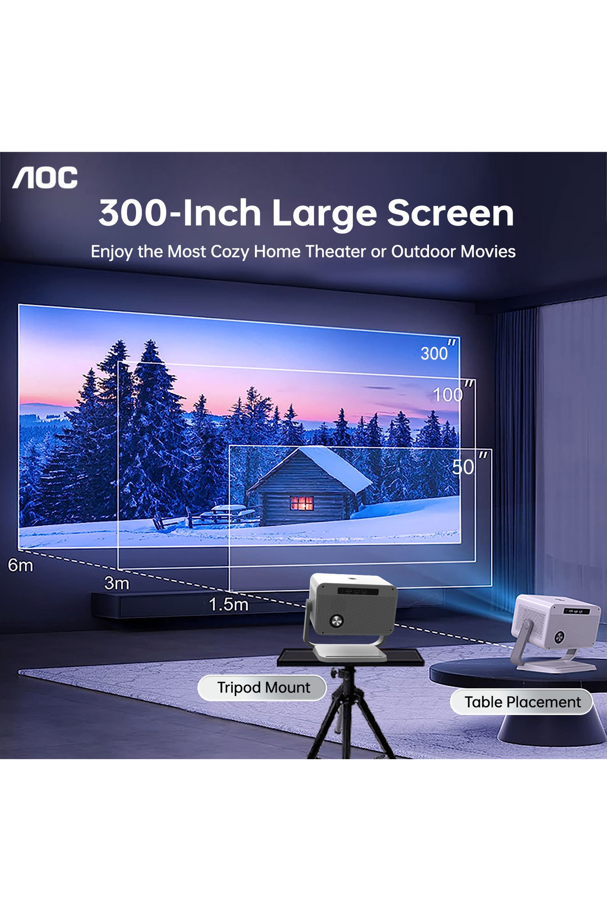 Aoc-Portable Projector 4K Support, 12000 Luemn/Electric Focus/Projector with Wifi and Bluetooth 5