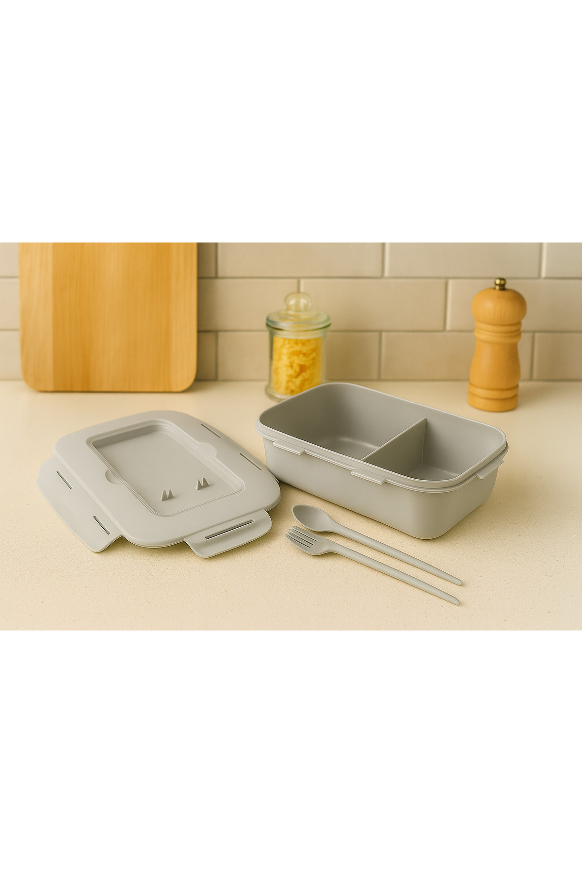 Pazar Kapısı-Storage Container with Lid and Fork and Spoon – 1.1 L – Compartmented, Leakproof, Portable Food Container 2