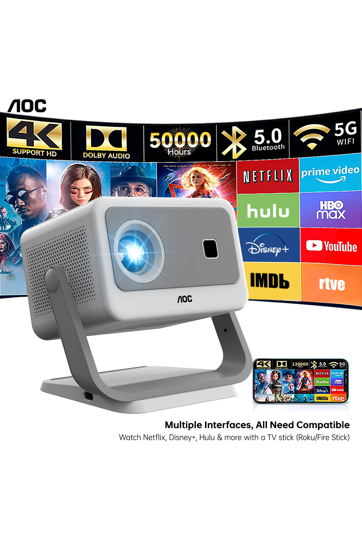 Aoc-Portable Projector 4K Support, 12000 Luemn/Electric Focus/Projector with Wifi and Bluetooth 7