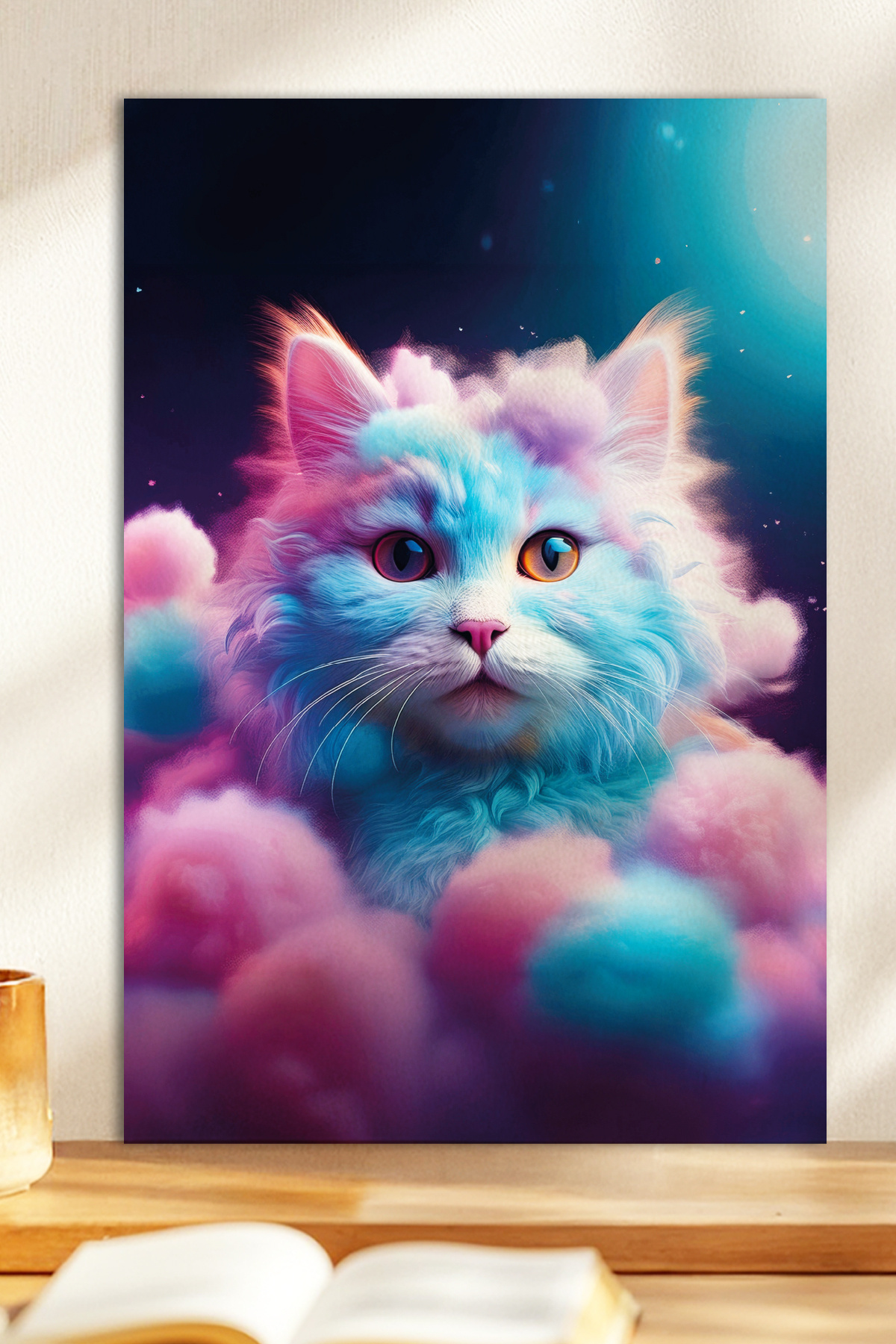1 Piece Pink Cotton Candy-soaked Cat Themed Wooden Look MDF Painting