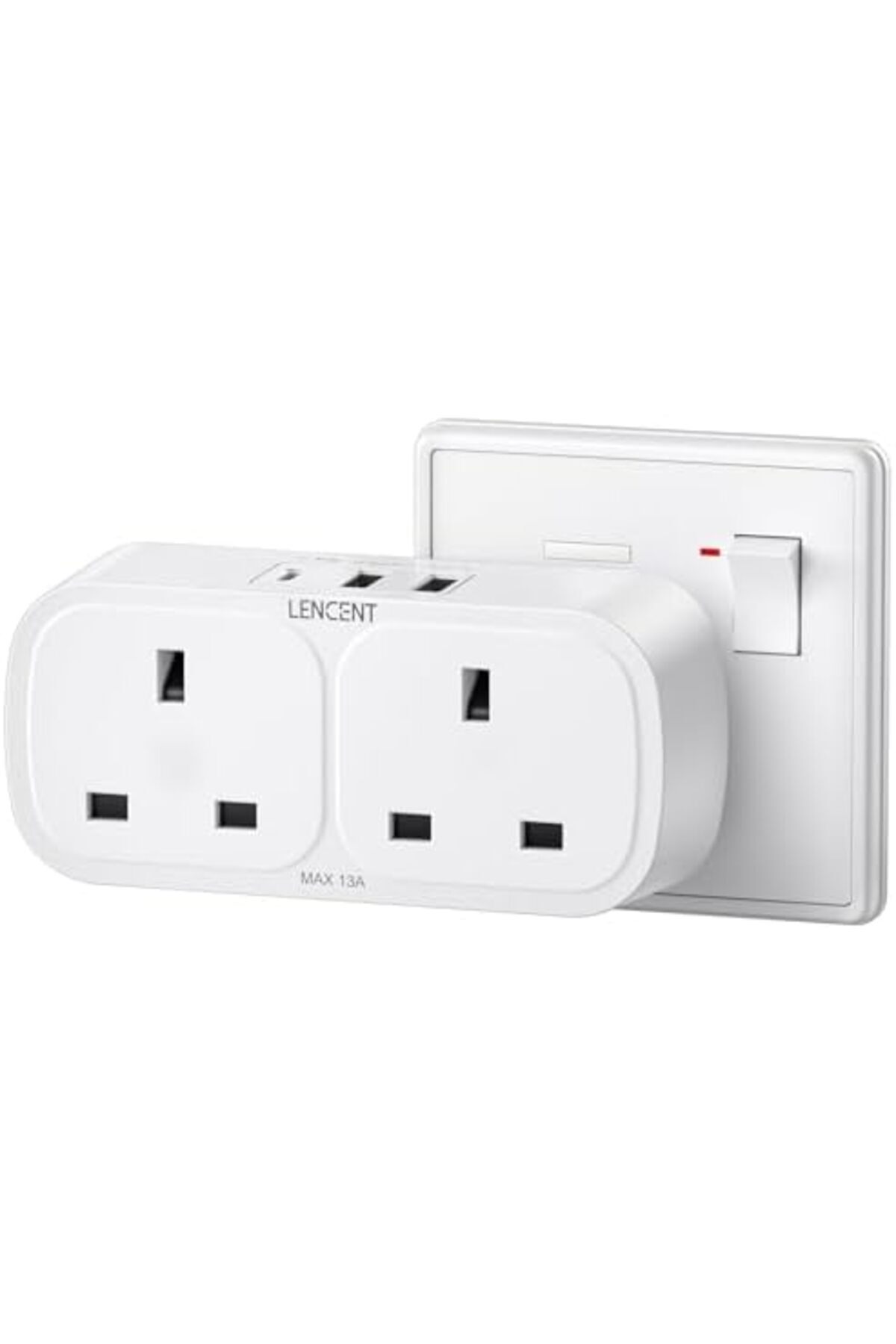 LENCENT-Plug Adapter with 3 USB (Included 1 USB-C), Double Wall Plug Extension, Multi Plug 2 Gang Ex 2