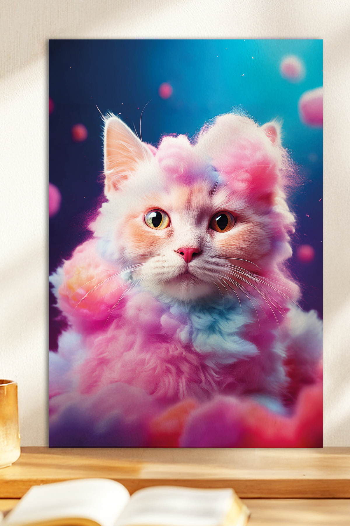 1 Piece Pink Cotton Candy-soaked Cat Themed Wooden Look MDF Painting