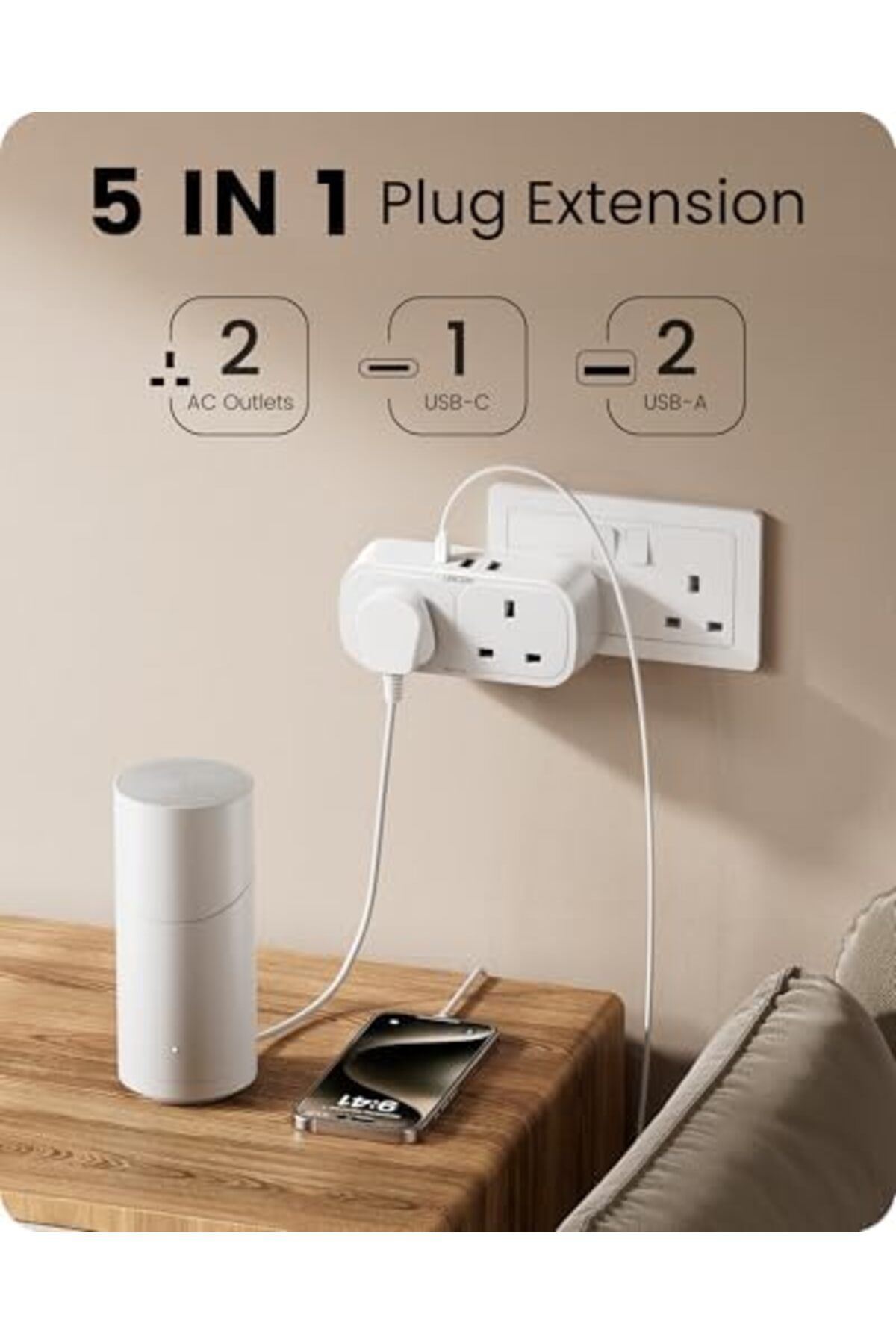 LENCENT-Plug Adapter with 3 USB (Included 1 USB-C), Double Wall Plug Extension, Multi Plug 2 Gang Ex 4