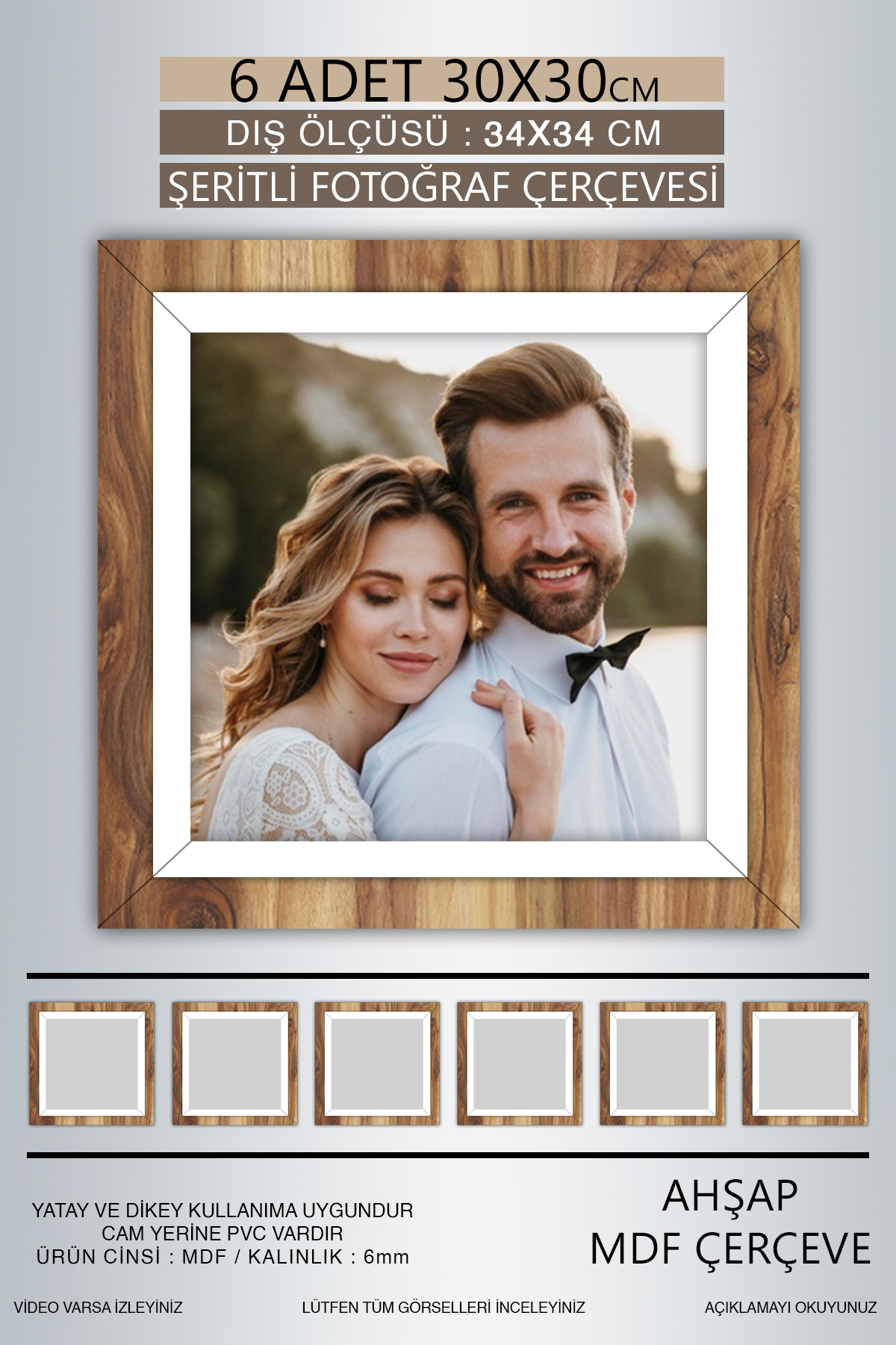 6 Pcs 30x30 Frame - Photo Frame with Wooden White Stripe - MDF Frame - Square Frame