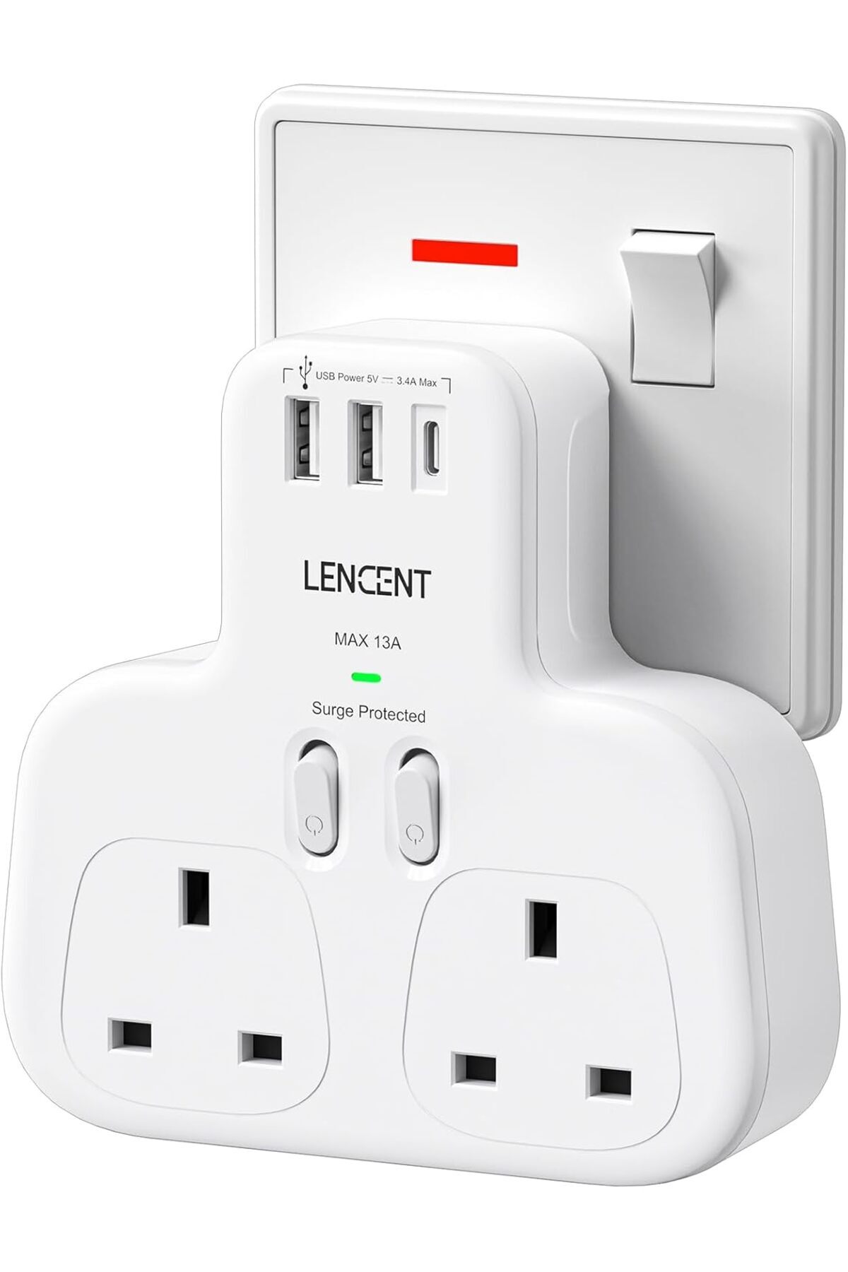 LENCENT-Double Plug Adaptor with 1 USB C and 2 USB Ports, 2 Way Wall Plug Extender, Multi Socket Ext 1