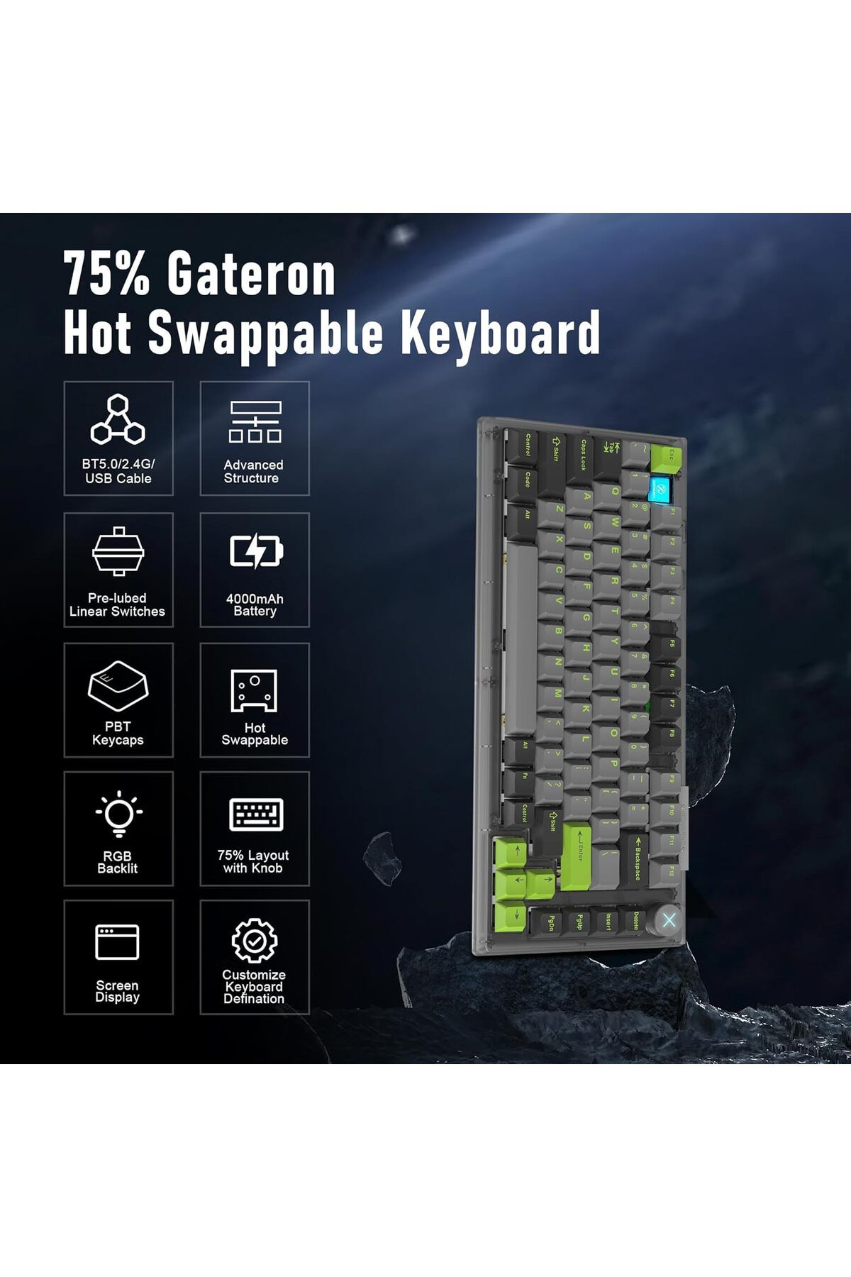 ZIPFORCE-Wireless Mechanical Keyboard, 81 Keys Hot Swappable Custom Keyboard with Knob, RGB Backlit, 3