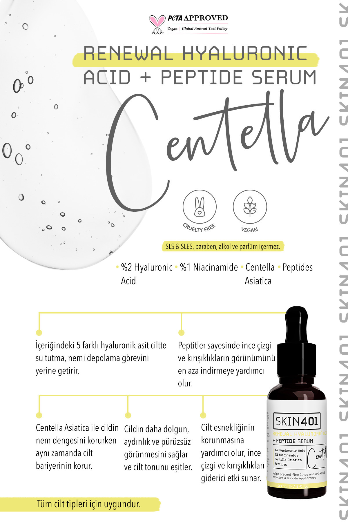 Yenileyici ve Yoğun Nemlendirici %2 Hyaluronik Asit + Peptit Serum 30ml — Skin401-202 — تصویر 3 از 4