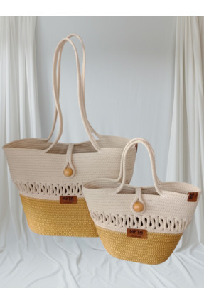 Metasupla Ahşap boncuklu doğaya saygılı hasır jüt plaj çantası anne ve çocuk