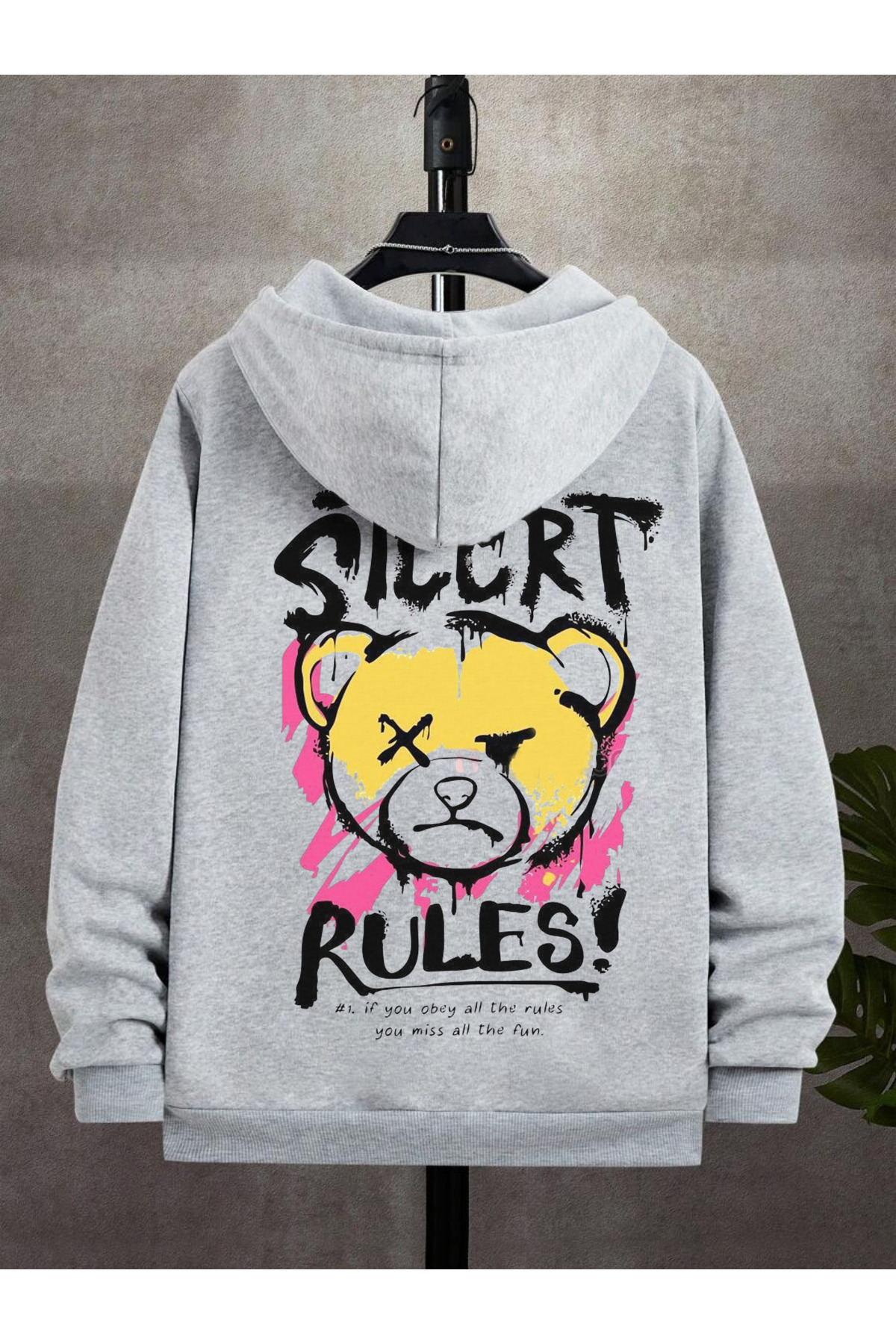 Men's Gray Hooded Zippered Oversize Sweatshirt Winter School Cardigan Raised Printed