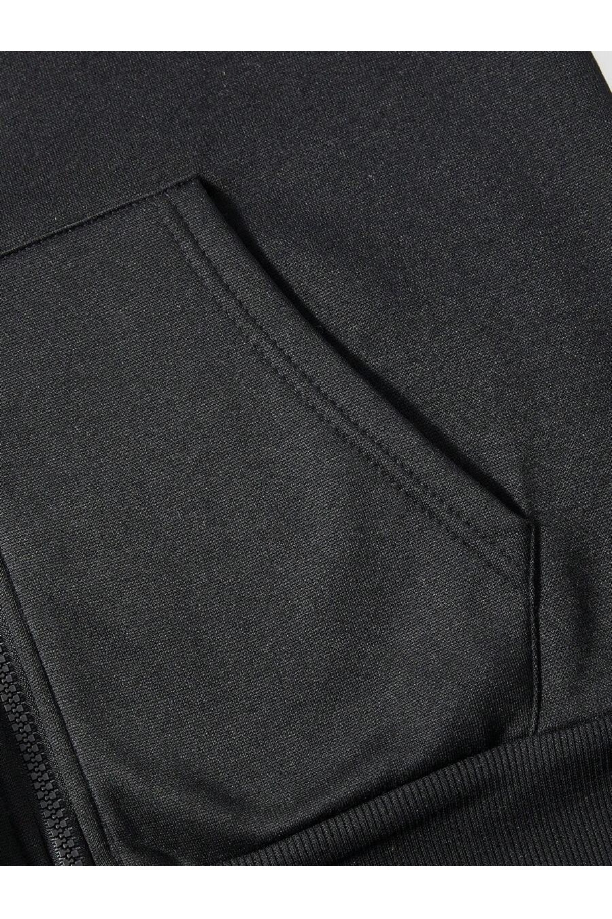 Deep sense  Erkek Siyah Kapüşonlu Fermuarlı Oversize Sweatshirt Kışlık Okul Hırkası Şardonlu Baskılı - Görsel 3