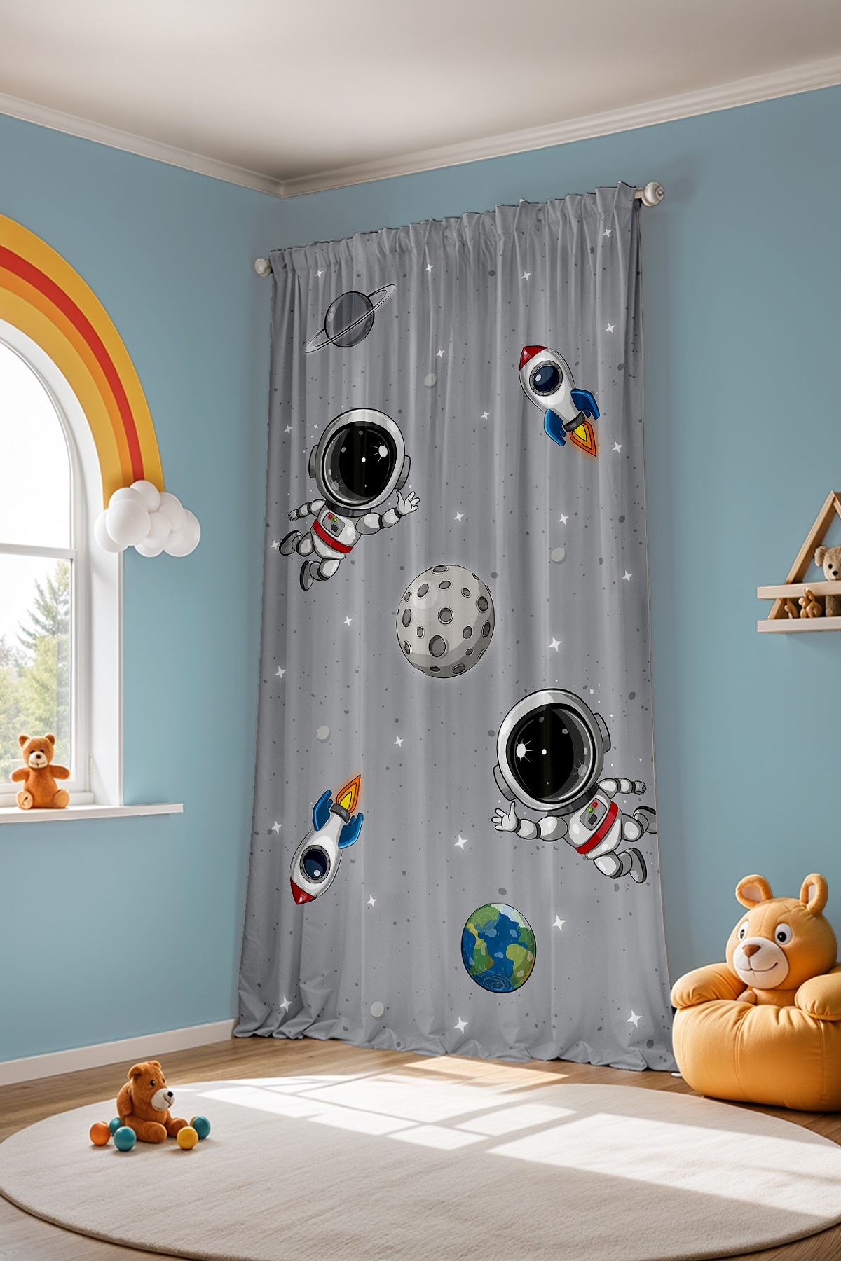 Evpanya Gri Uzay Ve Minik Astonot Desenli Çocuk Bebek Odası Fon Perde (Tek Kanat Fiyatlandırma) fotoğrafı 4 (önizleme)