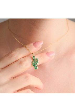 Luvaistanbul Özel Tasarım Mineli Kaktüs 14K Altın Kaplama 925K Gümüş Kolye