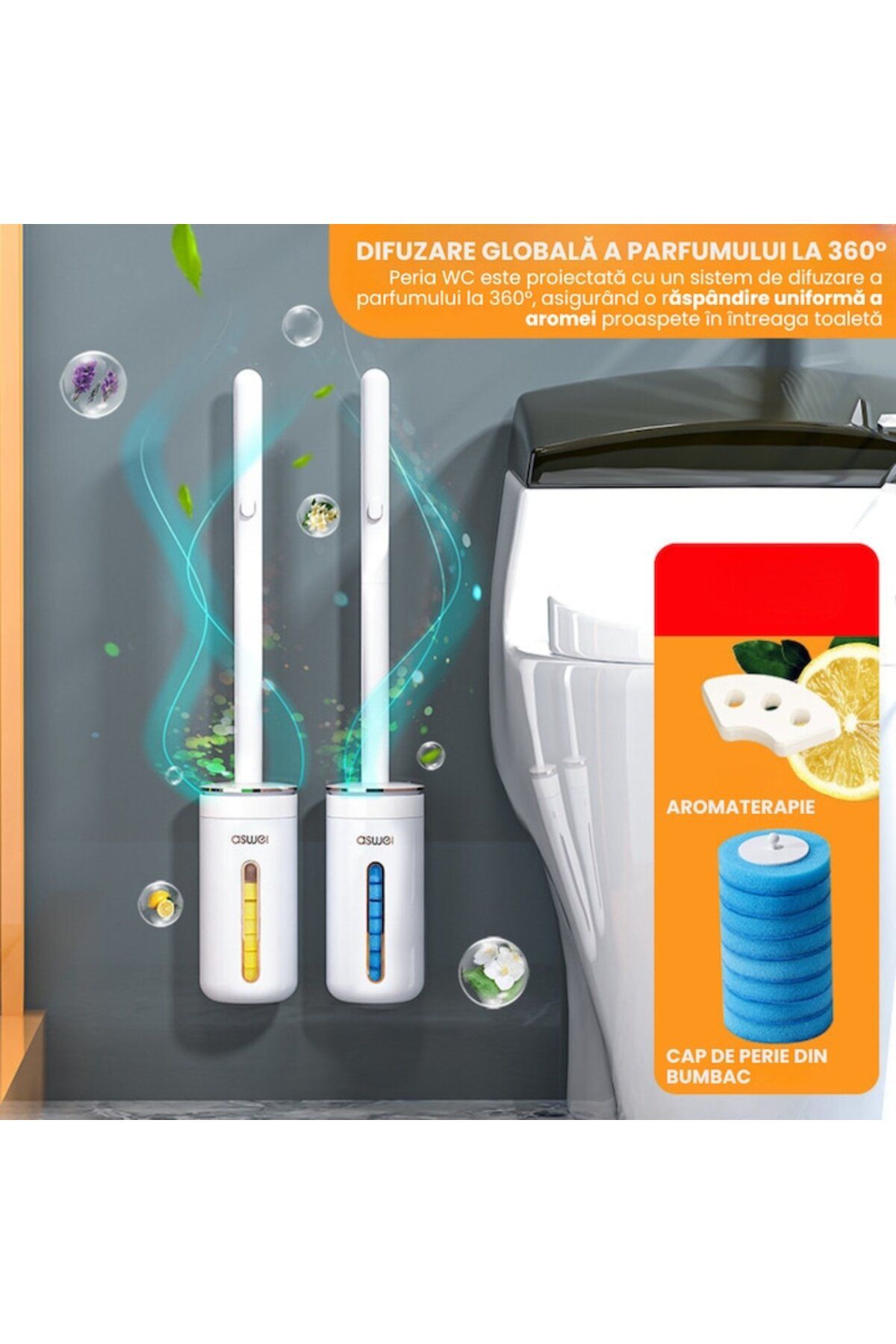 OmniDC-Complete set WC brush, 24 sponge refills, 1 practical holder, 3 aromatic diffusers: Lemon, Lavender, 3