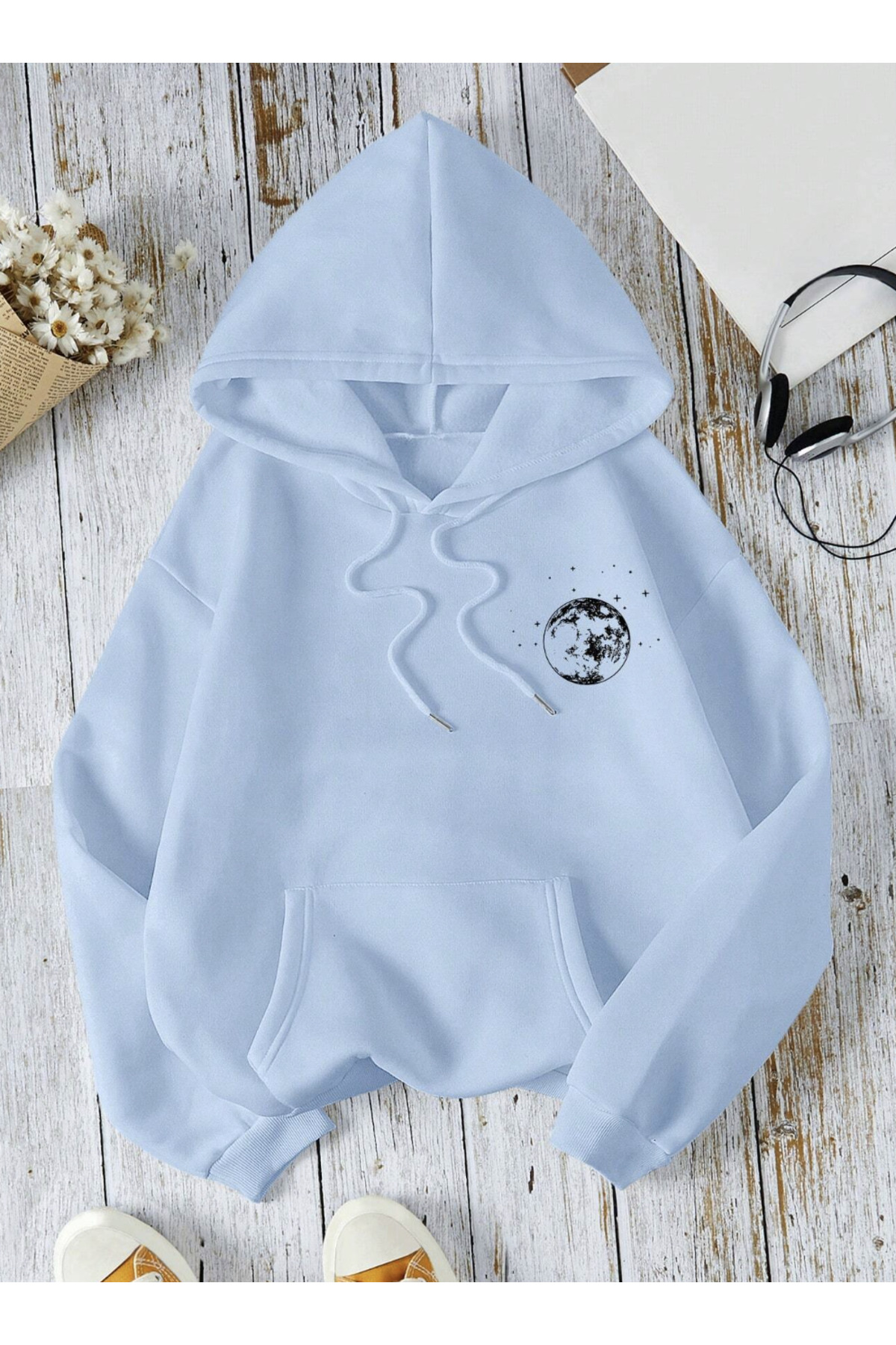 COHERENT Unisex Erkek/Kadın Renkli DÜNYA Özel Baskılı Pamuklu Oversize Kapüşonlu Sweatshirt görsel 2