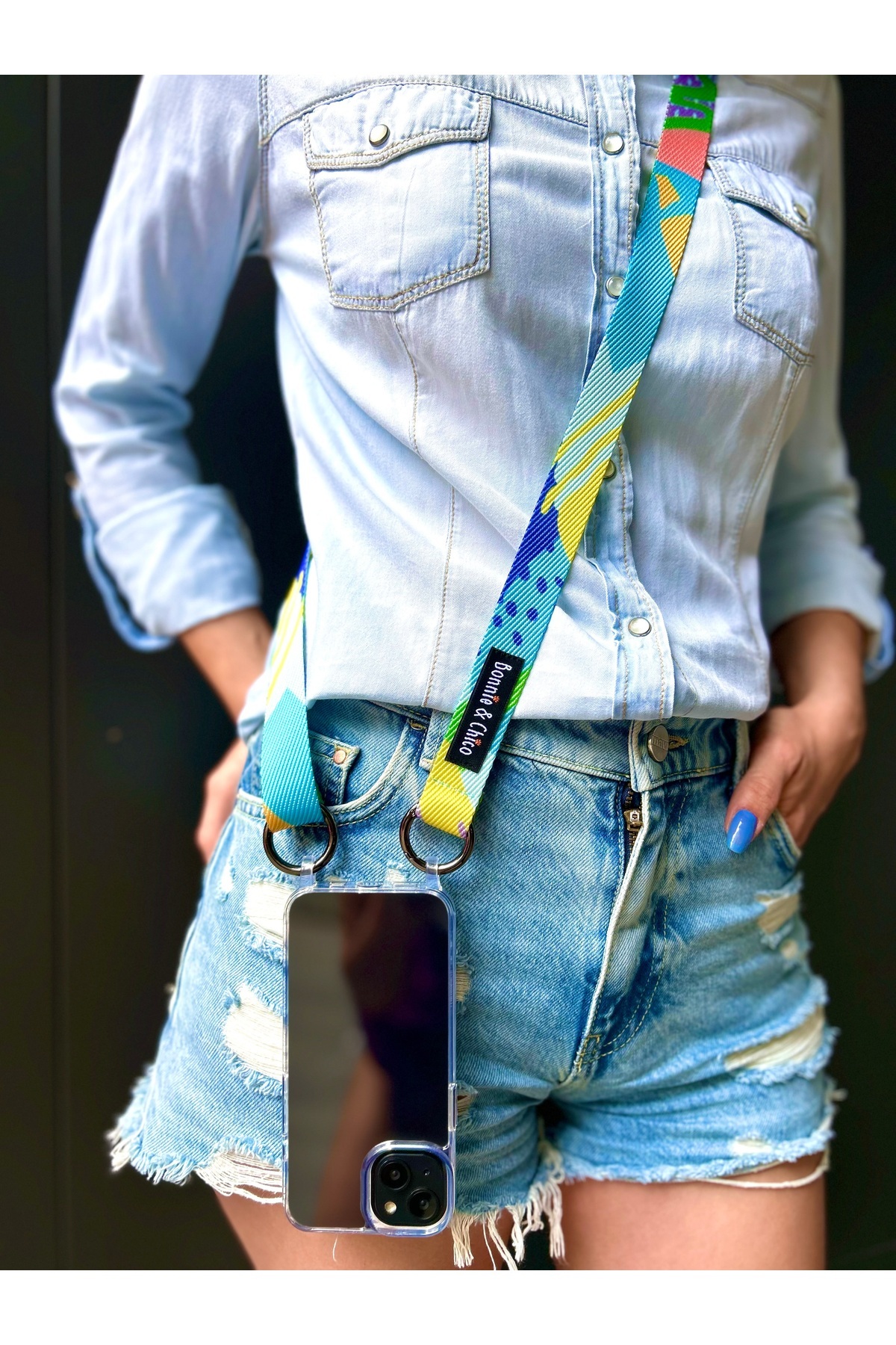 Bonnie&Chico-iPhone 15 Plus Compatible Transparent Case Cross-Inserted Length Adjustable Jackie with Phone Strap 3