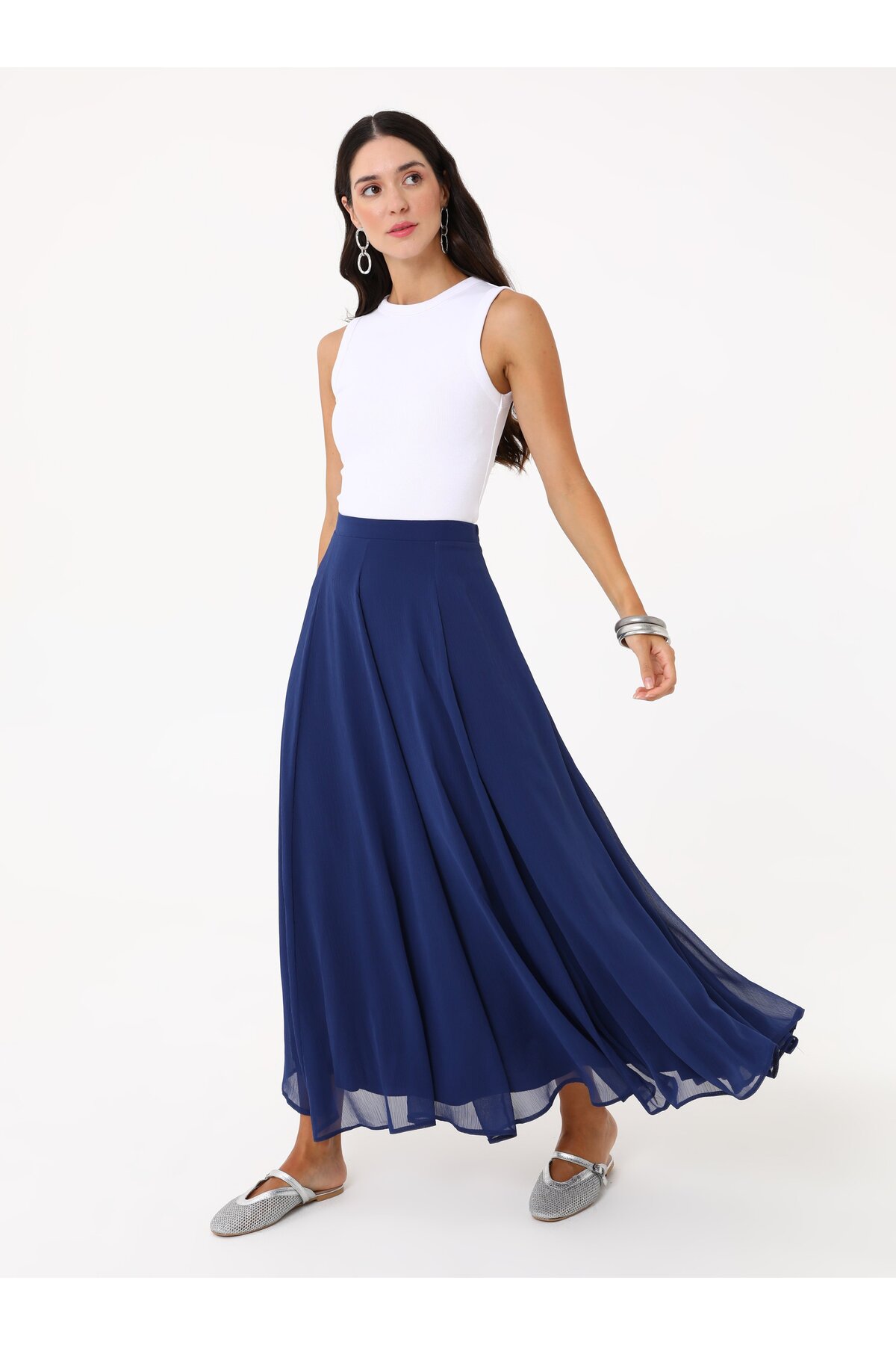 Refka  Yüksek Bel Yandan Fermuarlı Şifon Etek - Lacivert -