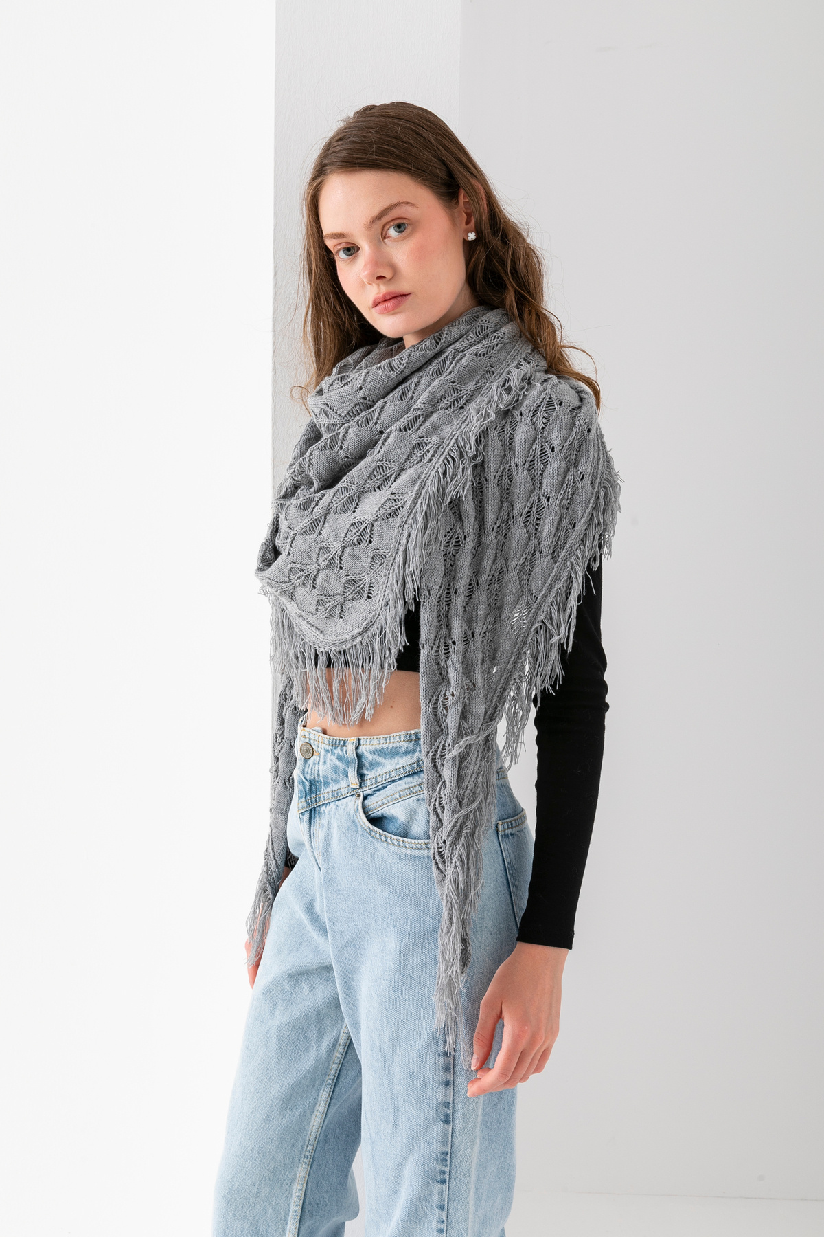 T Crazy-T-Crazy Openwork Patterned Triangle Shoulder Shawl, Stylish and Practical Knitwear Knitted Accessory with Tassels, Triangle Knitwear Shawl 8