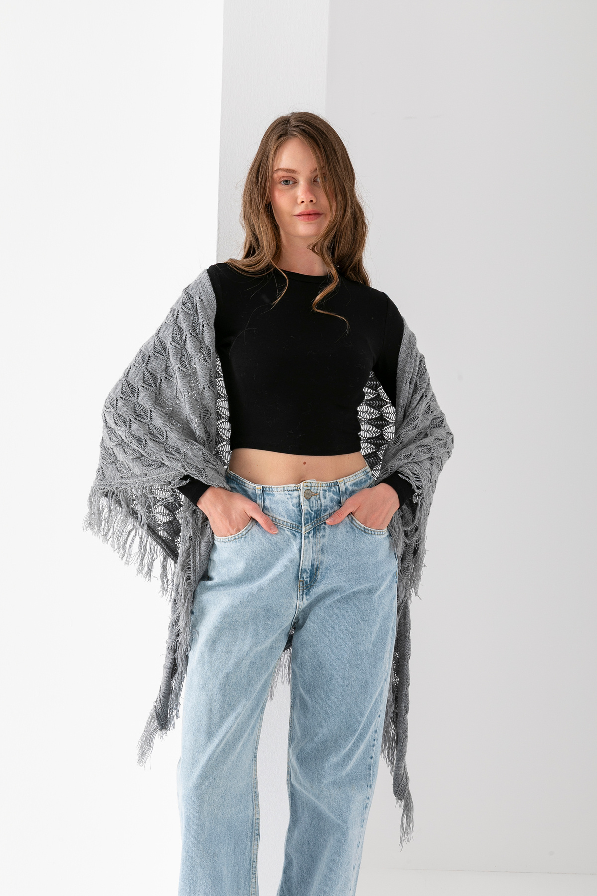 T Crazy-T-Crazy Openwork Patterned Triangle Shoulder Shawl, Stylish and Practical Knitwear Knitted Accessory with Tassels, Triangle Knitwear Shawl 1