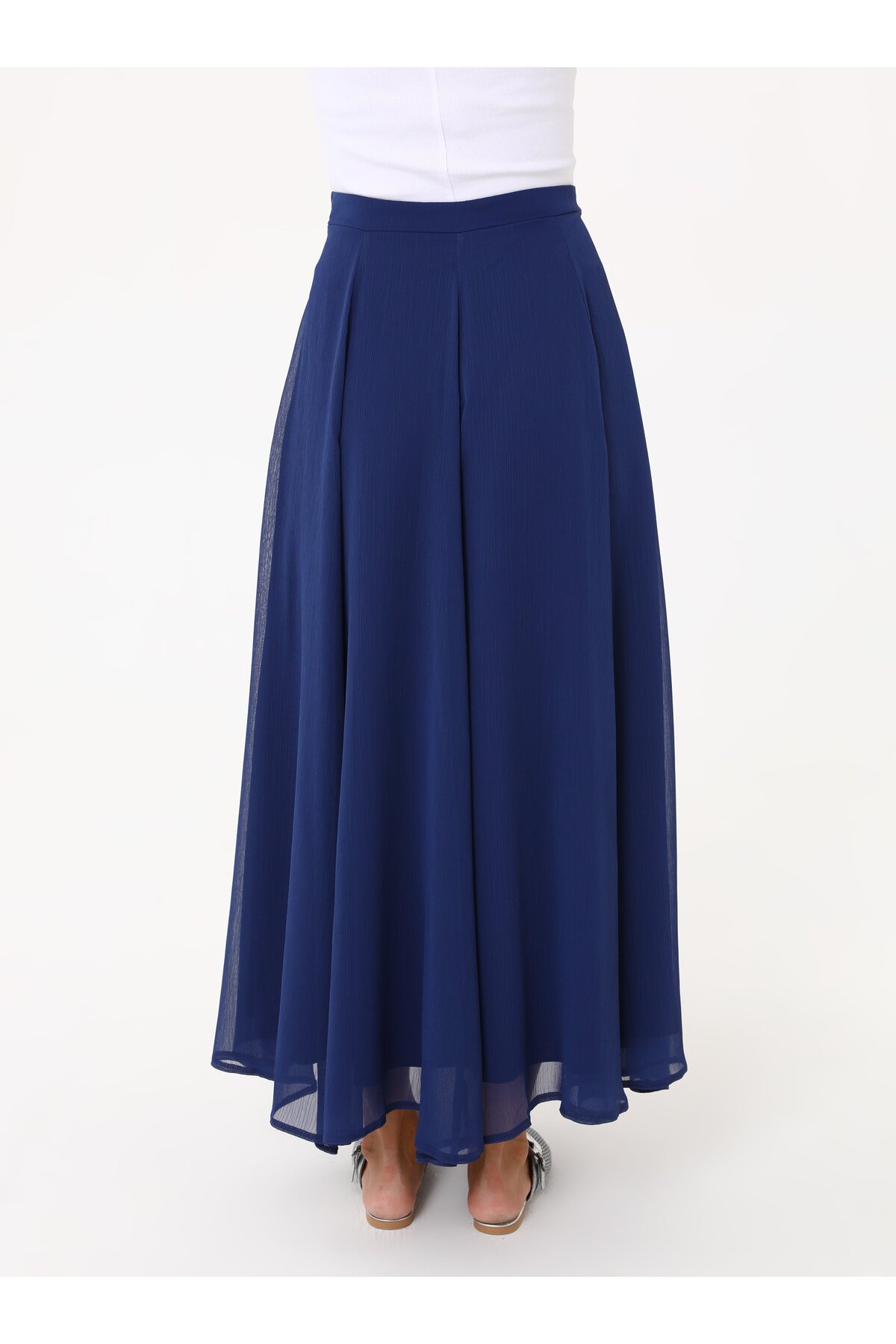 Refka  Yüksek Bel Yandan Fermuarlı Şifon Etek - Lacivert - - Görsel 5