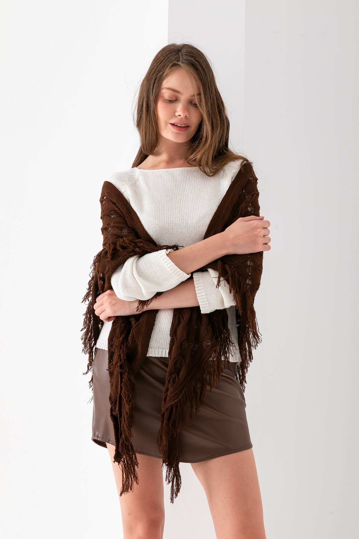 T Crazy-T-Crazy Openwork Patterned Triangle Shoulder Shawl, Stylish and Practical Knitwear Knitted Accessory with Tassels, Triangle Knitwear Shawl 5
