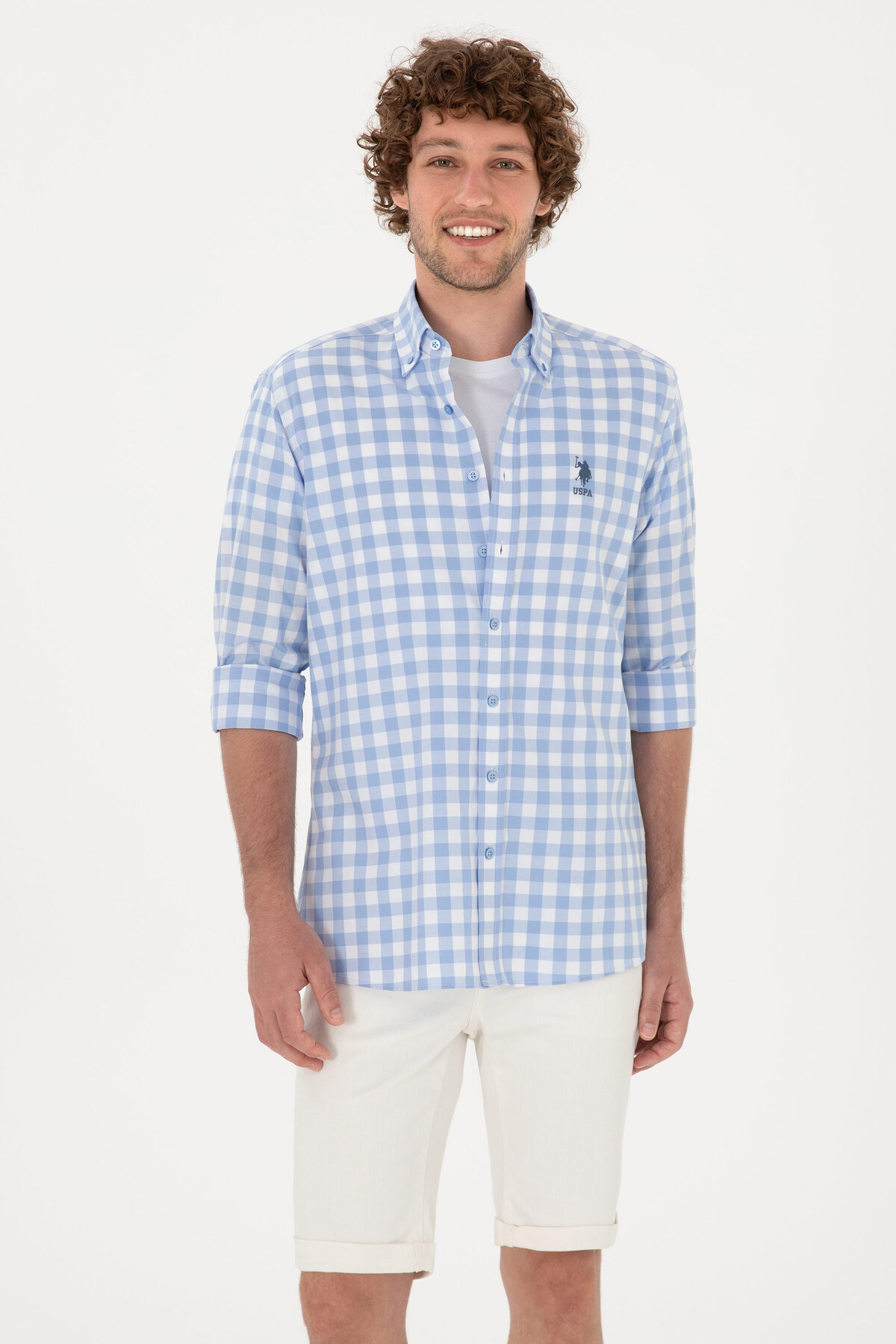 یو اس پولو پیراهن آستین بلند مردانه آبی 50264391-VR036