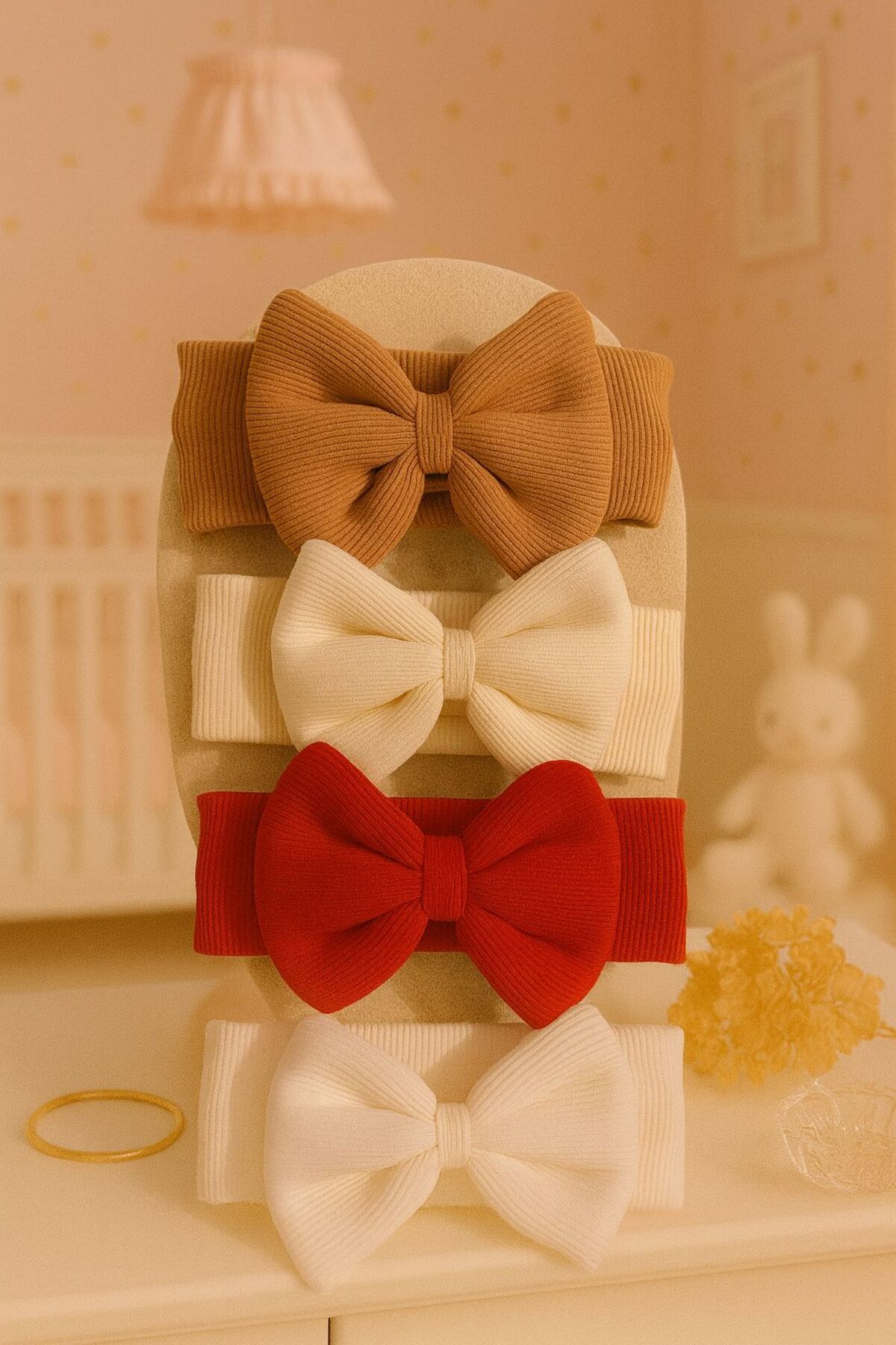 Baby Girl & Kids Double Layer Bandana Set of 4 with Bowtie (Brown/Cream/Red/White)