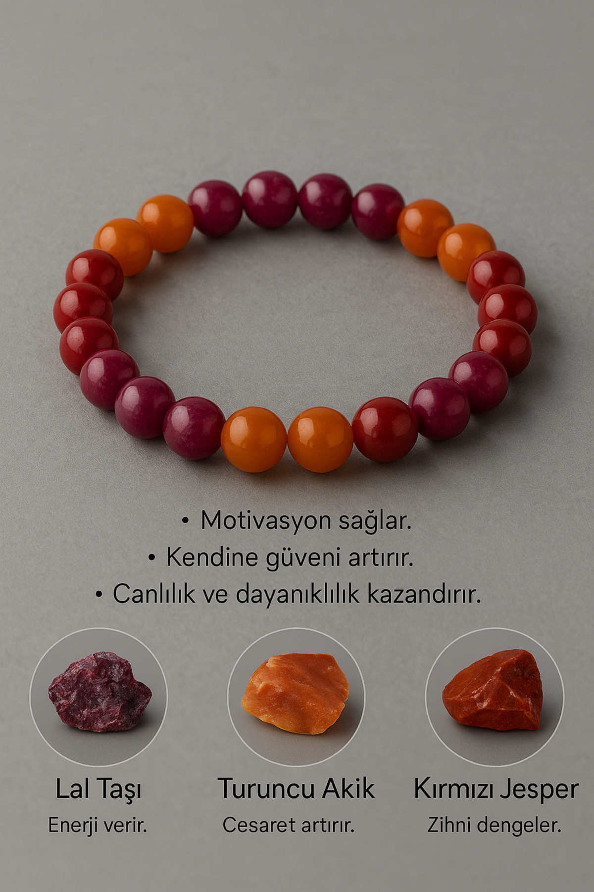 nss sky rock Doğal Taş Bileklik – Lal Taşı, Turuncu Akik, Kırmızı Jasper Kombinasyonu 17 cm