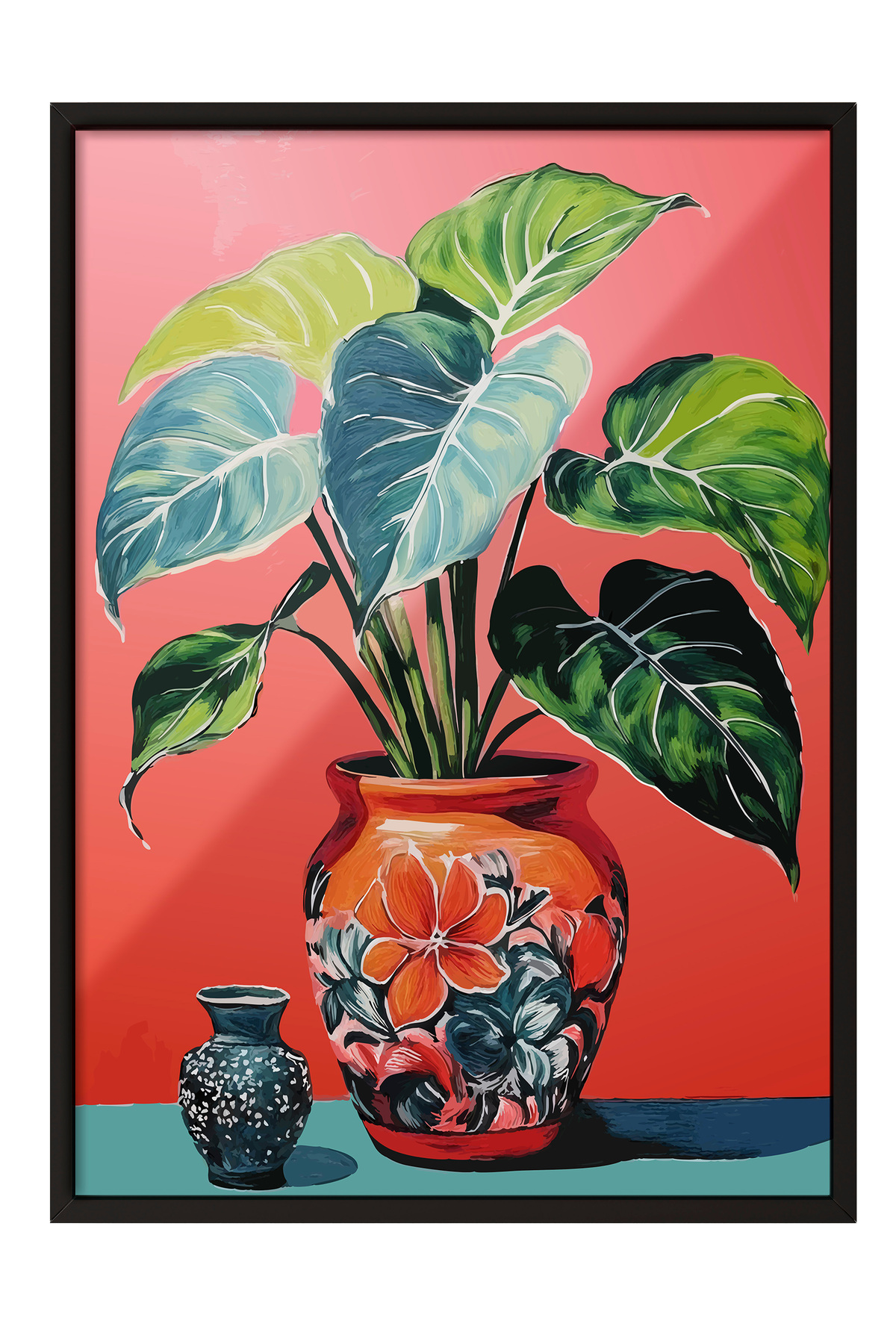 Black Framed Table, Green Leaf Plant in Red Background, Hall Decor Poster No: 111706
