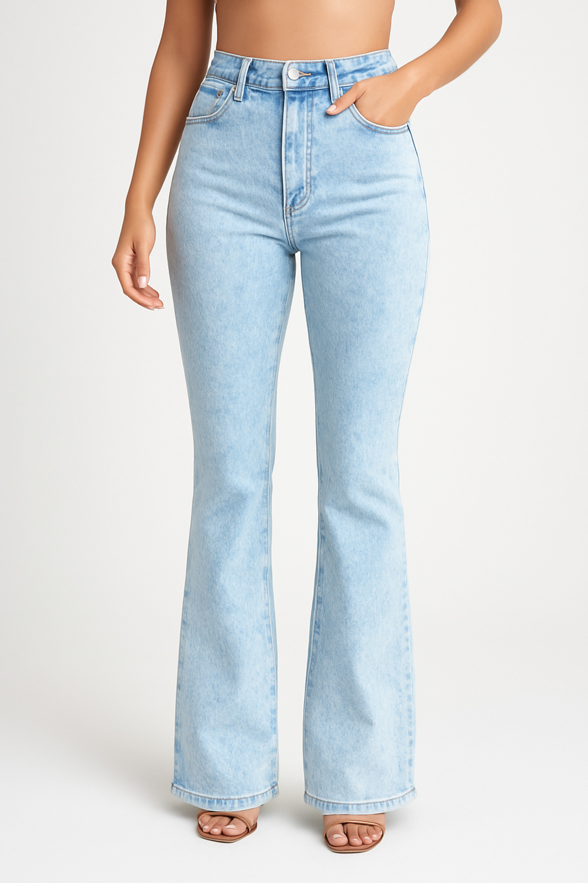 DELDNM  Isabelle Kadın Yüksek Bel Kar Mavi Yıkama Likralı İspanyol Paça Flare Jeans Pantolon Comfort Uzun - Görsel 5