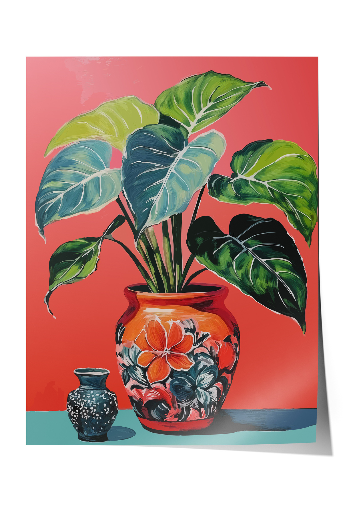 Frameless Poster, Green Leaf Plant in Red Background, Hall Decor Poster No: 111706