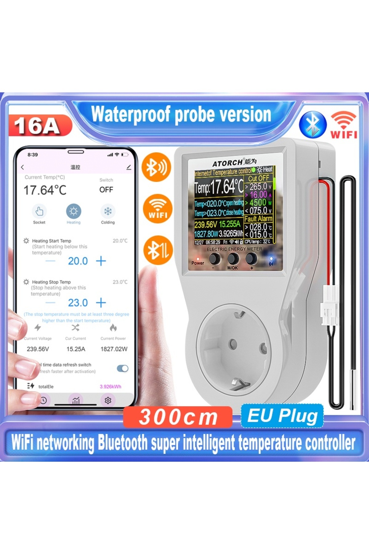 ATORCH-Smart socket and smart temperature and energy consumption controller S1BWT, WiFi, Bluetooth, 4