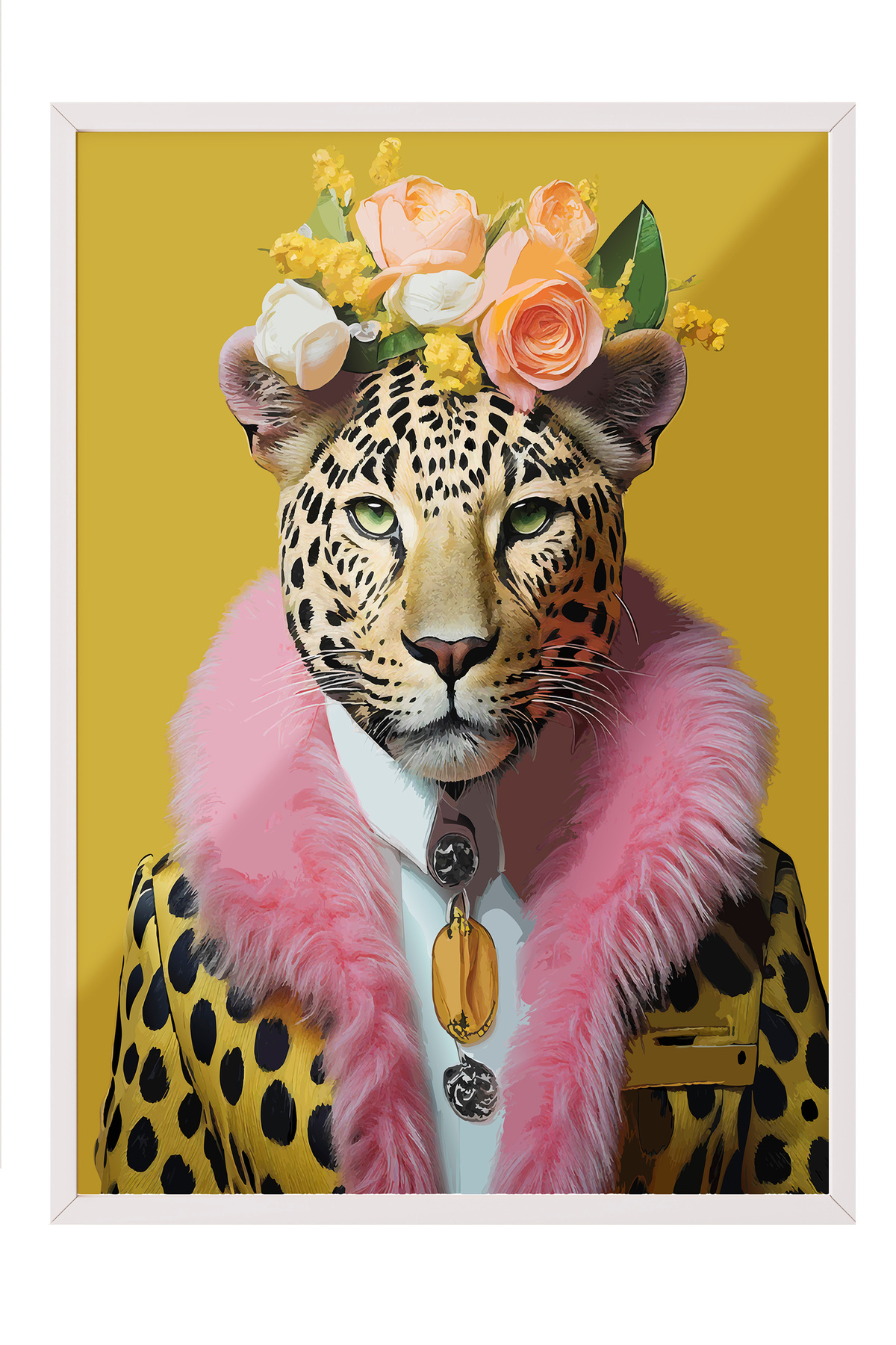 White Framed Painting, Floral Leopard Portrait, Living Room Decor Poster No: 112374